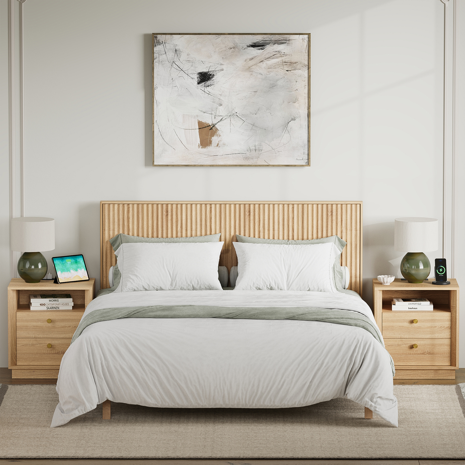 Mid-Century Modern Beveled Nightstand in White Oak WoodDiscover the Mid-Century Modern Beveled Nightstand in White Oak Wood, combining style with functionality for your bedroom.