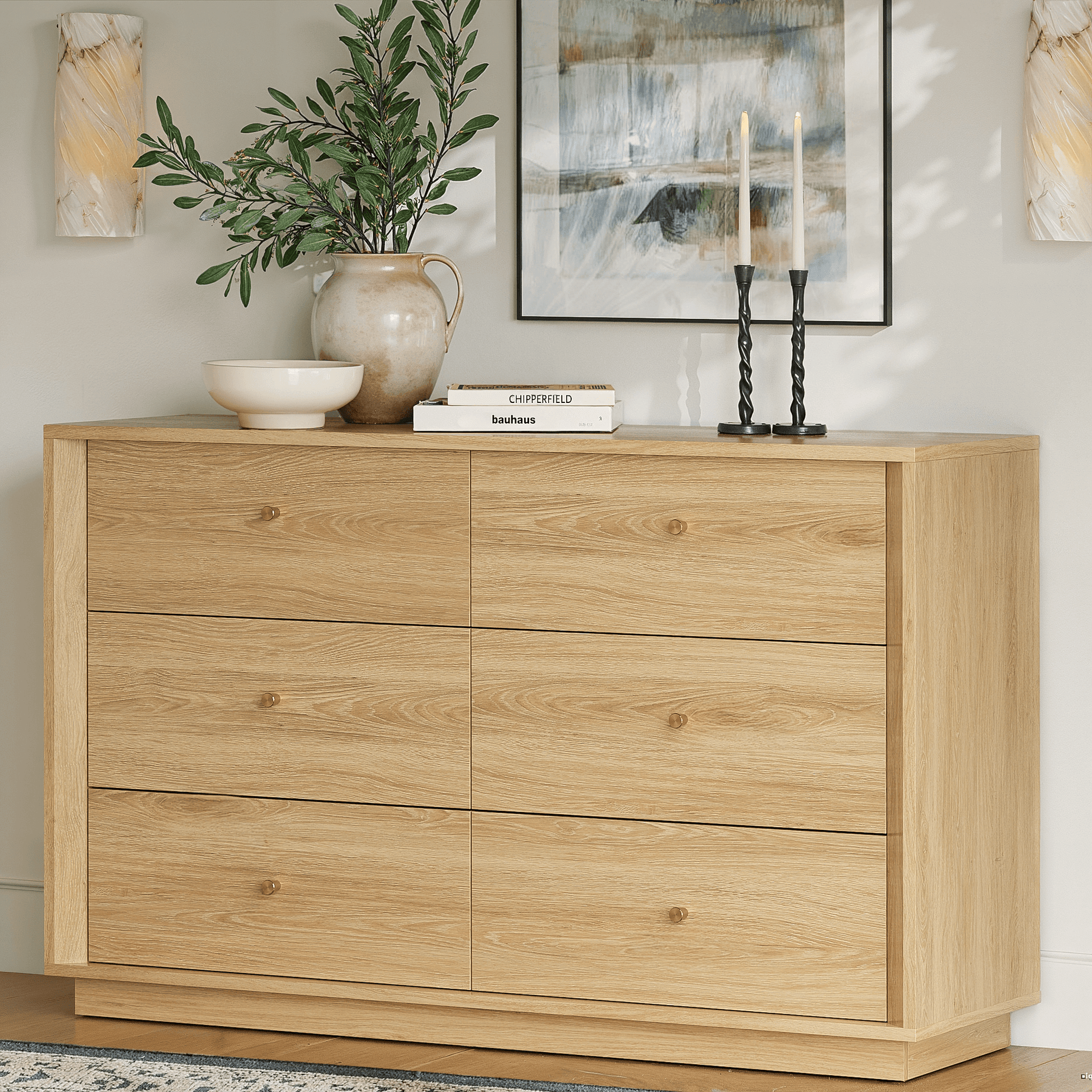 FORTUNETEC Mid-Century Modern Golden Oak DresserExplore FORTUNETEC Mid-Century Modern Golden Oak 6-Drawer Dresser for stylish storage to enhance your living space.