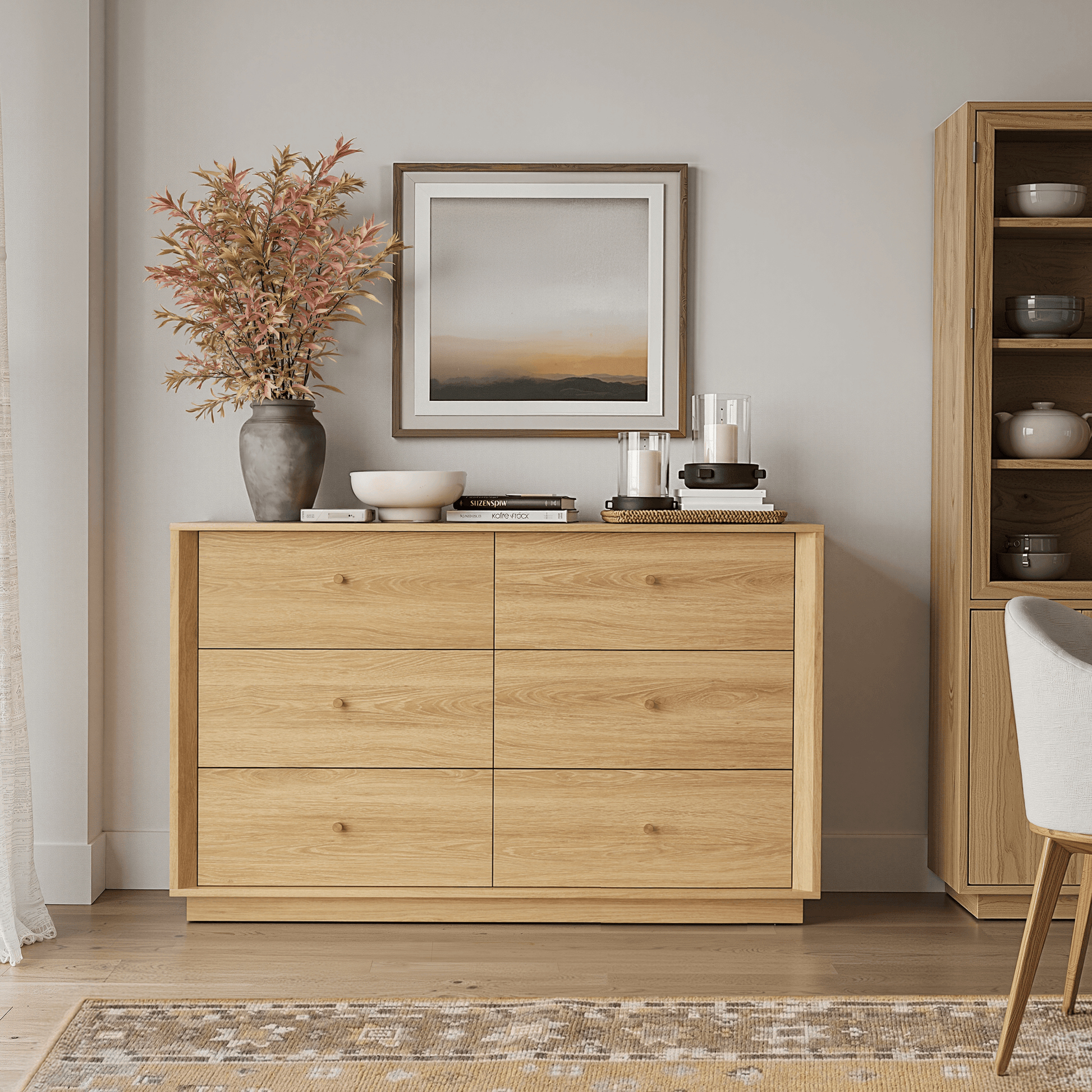 FORTUNETEC Mid-Century Modern Golden Oak DresserExplore FORTUNETEC Mid-Century Modern Golden Oak 6-Drawer Dresser for stylish storage to enhance your living space.