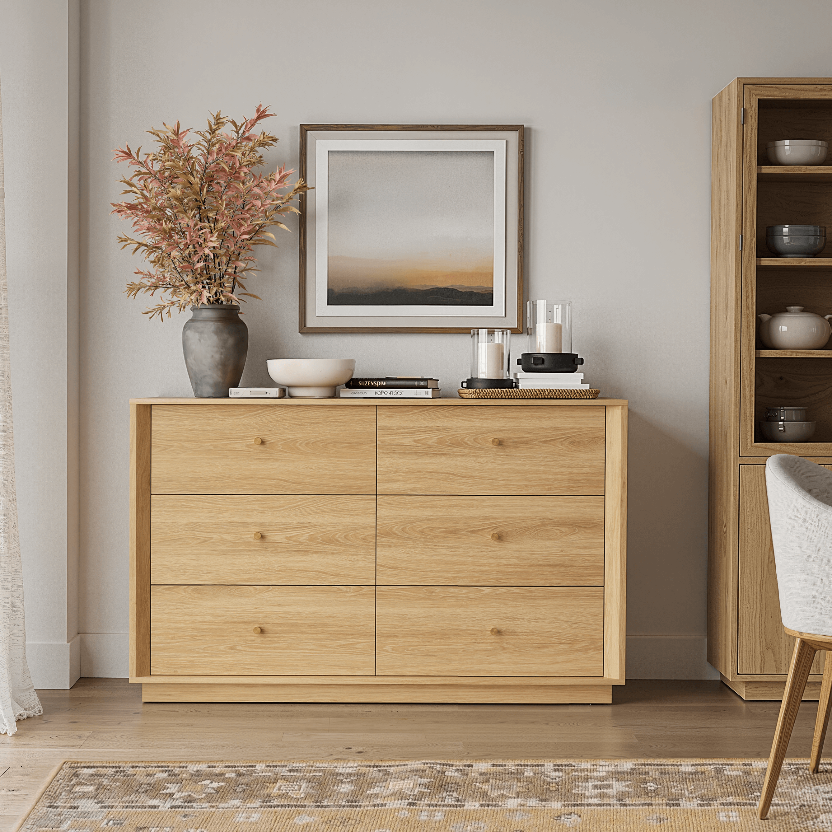 FORTUNETEC Mid-Century Modern Golden Oak DresserExplore FORTUNETEC Mid-Century Modern Golden Oak 6-Drawer Dresser for stylish storage to enhance your living space.