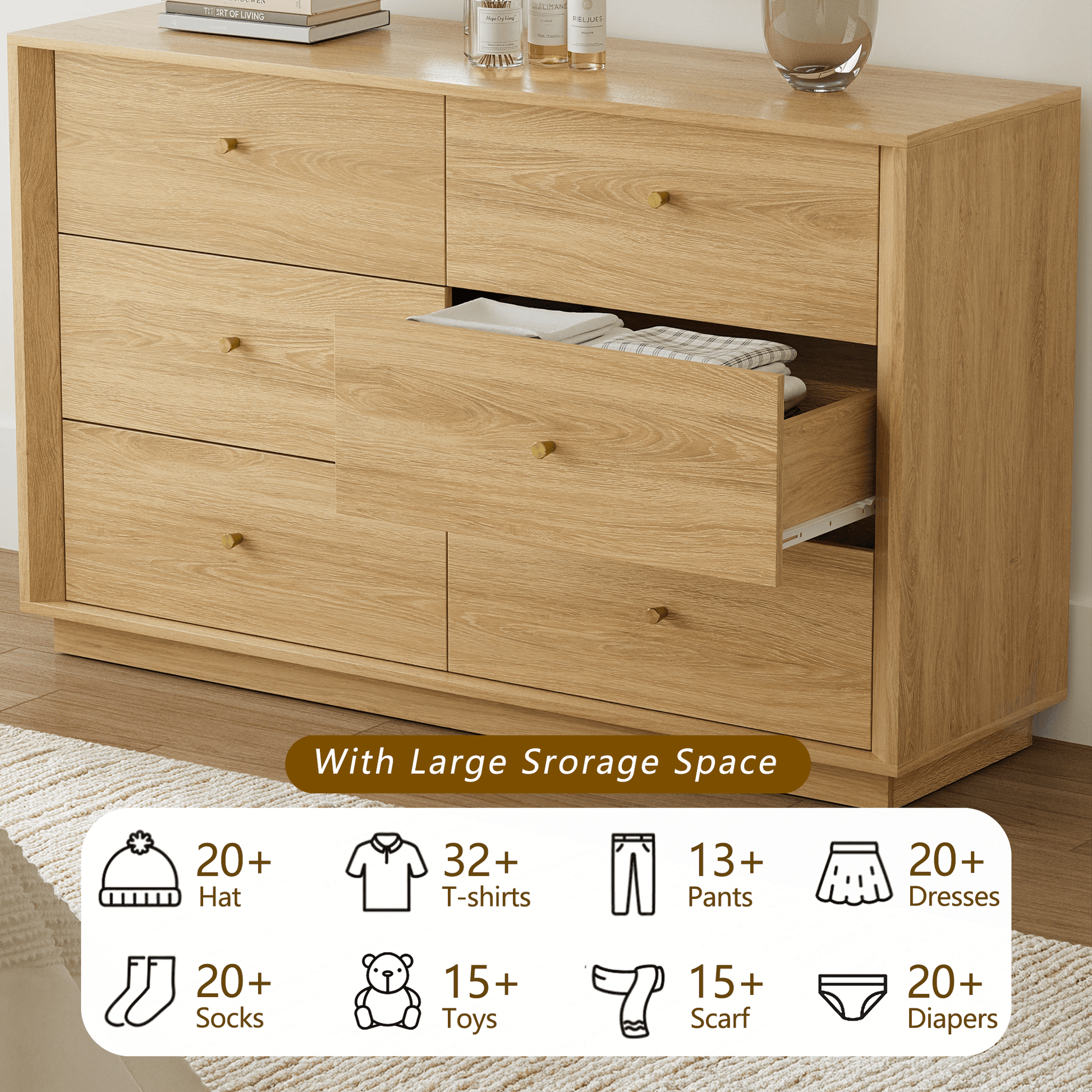 FORTUNETEC Mid-Century Modern Golden Oak DresserExplore FORTUNETEC Mid-Century Modern Golden Oak 6-Drawer Dresser for stylish storage to enhance your living space.