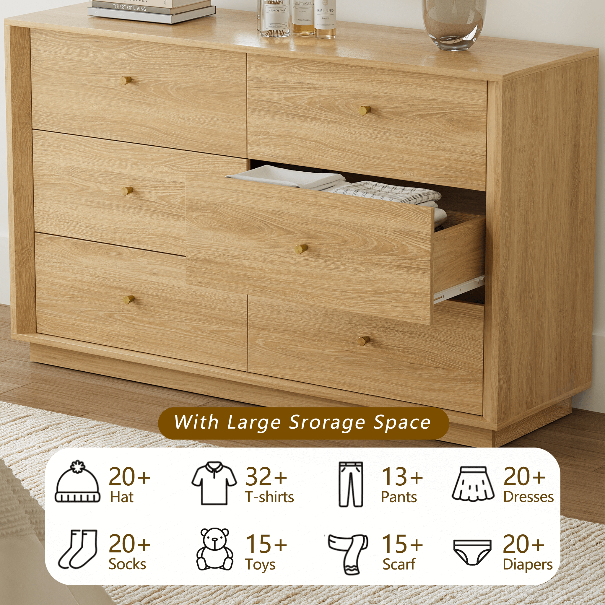 FORTUNETEC Mid-Century Modern Golden Oak DresserExplore FORTUNETEC Mid-Century Modern Golden Oak 6-Drawer Dresser for stylish storage to enhance your living space.