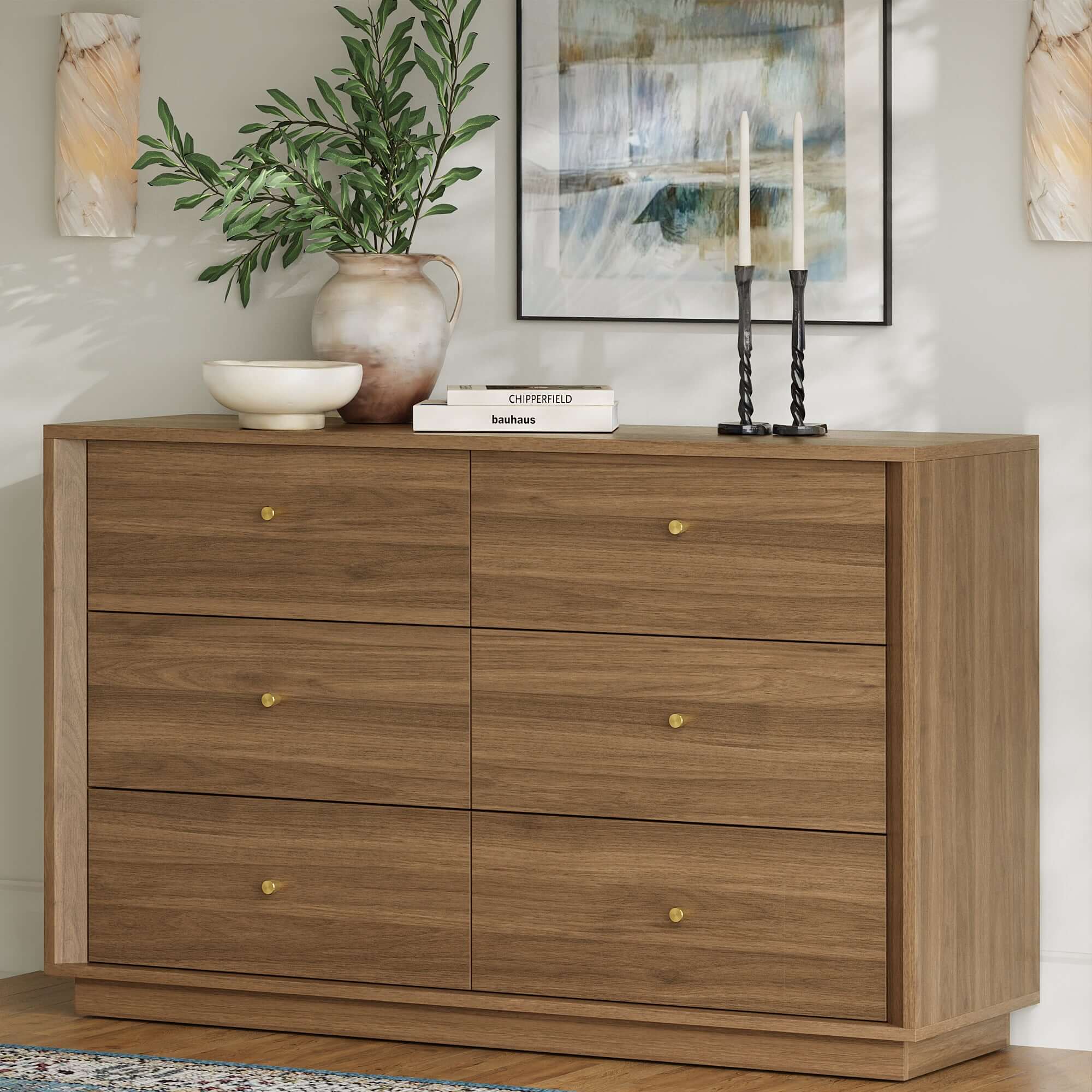 FORTUNETEC Mid-Century Modern Walnut Wood 6-Drawer DresserShop the FORTUNETEC Mid-Century Modern Walnut Wood 6-Drawer Dresser with Beveled Design for stylish storage and timeless elegance in your home.