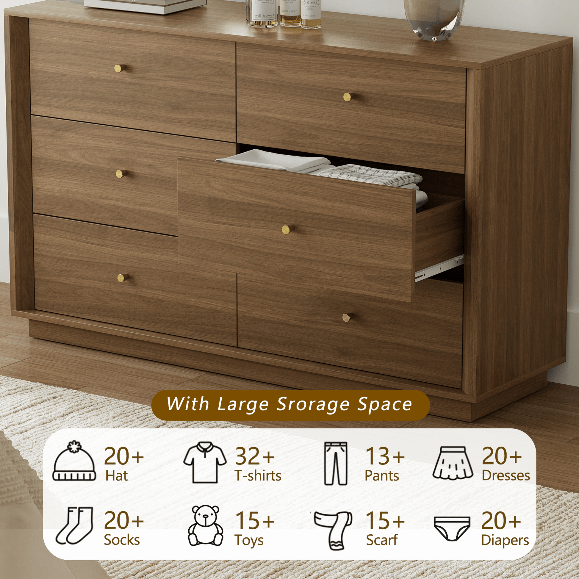 FORTUNETEC Mid-Century Modern Walnut Wood 6-Drawer DresserShop the FORTUNETEC Mid-Century Modern Walnut Wood 6-Drawer Dresser with Beveled Design for stylish storage and timeless elegance in your home.