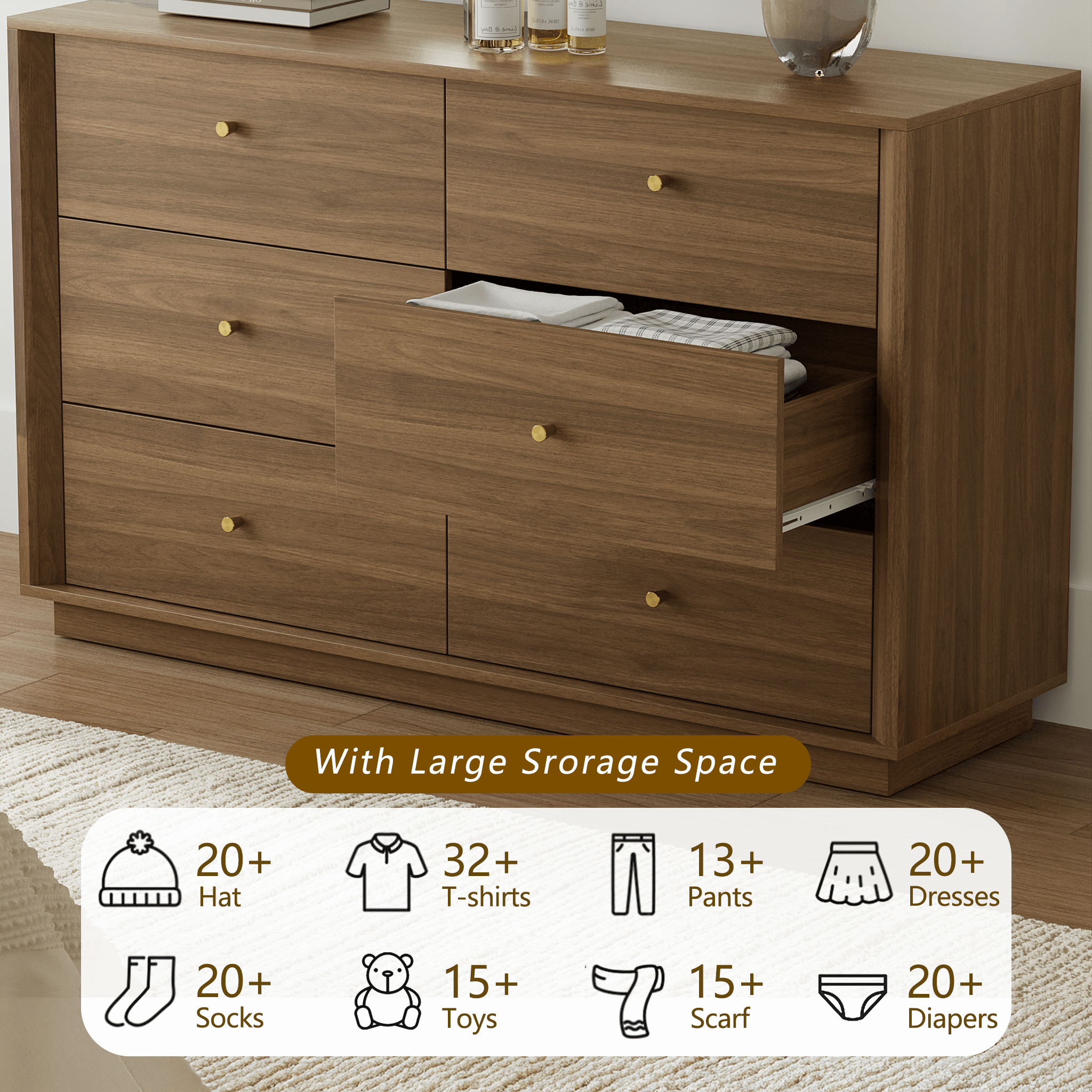 FORTUNETEC Mid-Century Modern Walnut Wood 6-Drawer DresserShop the FORTUNETEC Mid-Century Modern Walnut Wood 6-Drawer Dresser with Beveled Design for stylish storage and timeless elegance in your home.