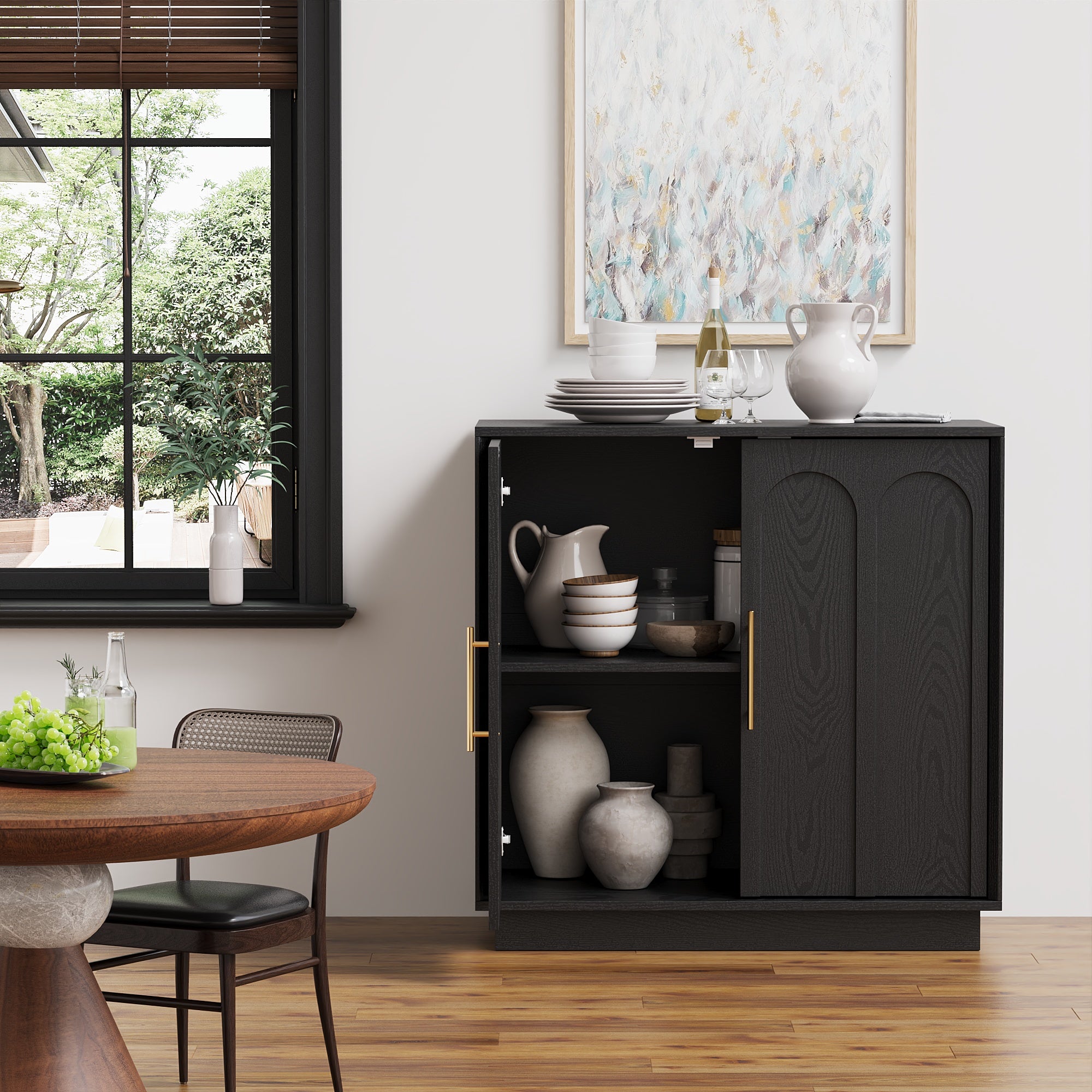 Modern Black Wood Sideboard Buffet Cabinet - FORTUNETEC