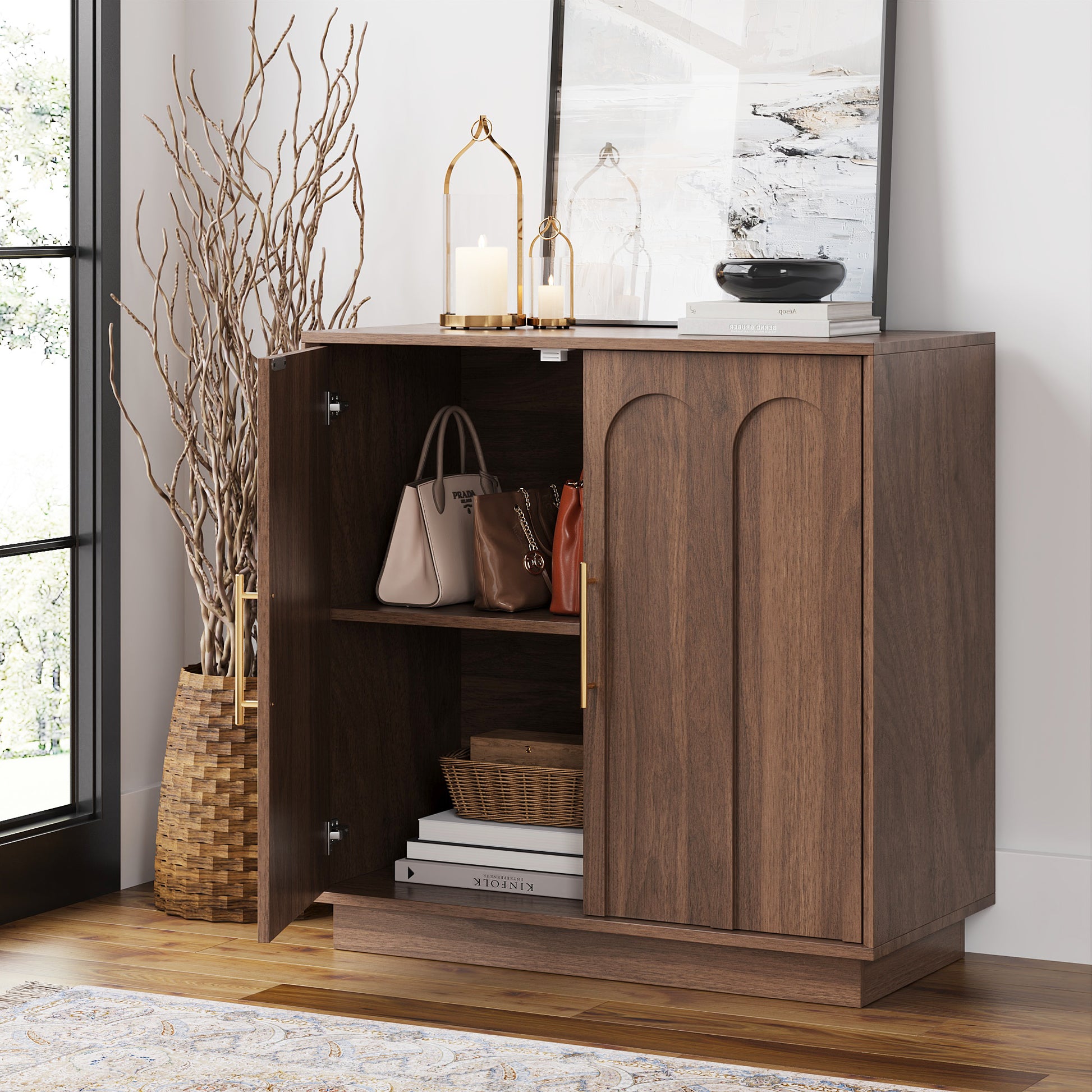 Modern Walnut Sideboard Buffet Cabinet with Storage – 31.5" Accent Credenza - FORTUNETEC