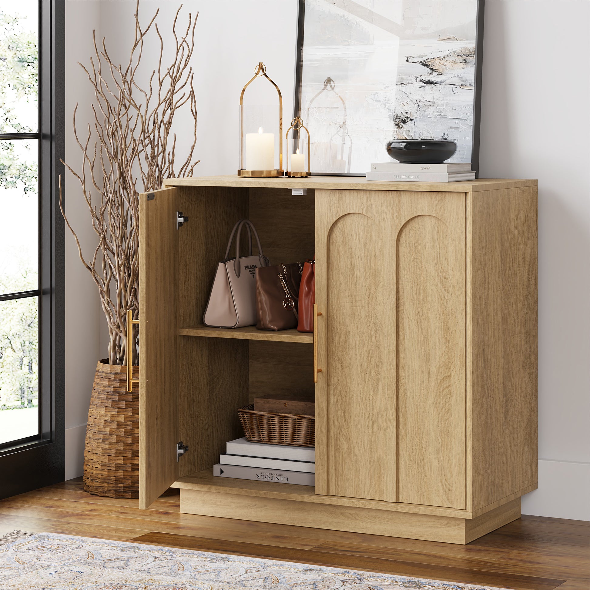 Modern Oak Sideboard Buffet Cabinet with Storage – 31.5 Accent Credenz - FORTUNETEC