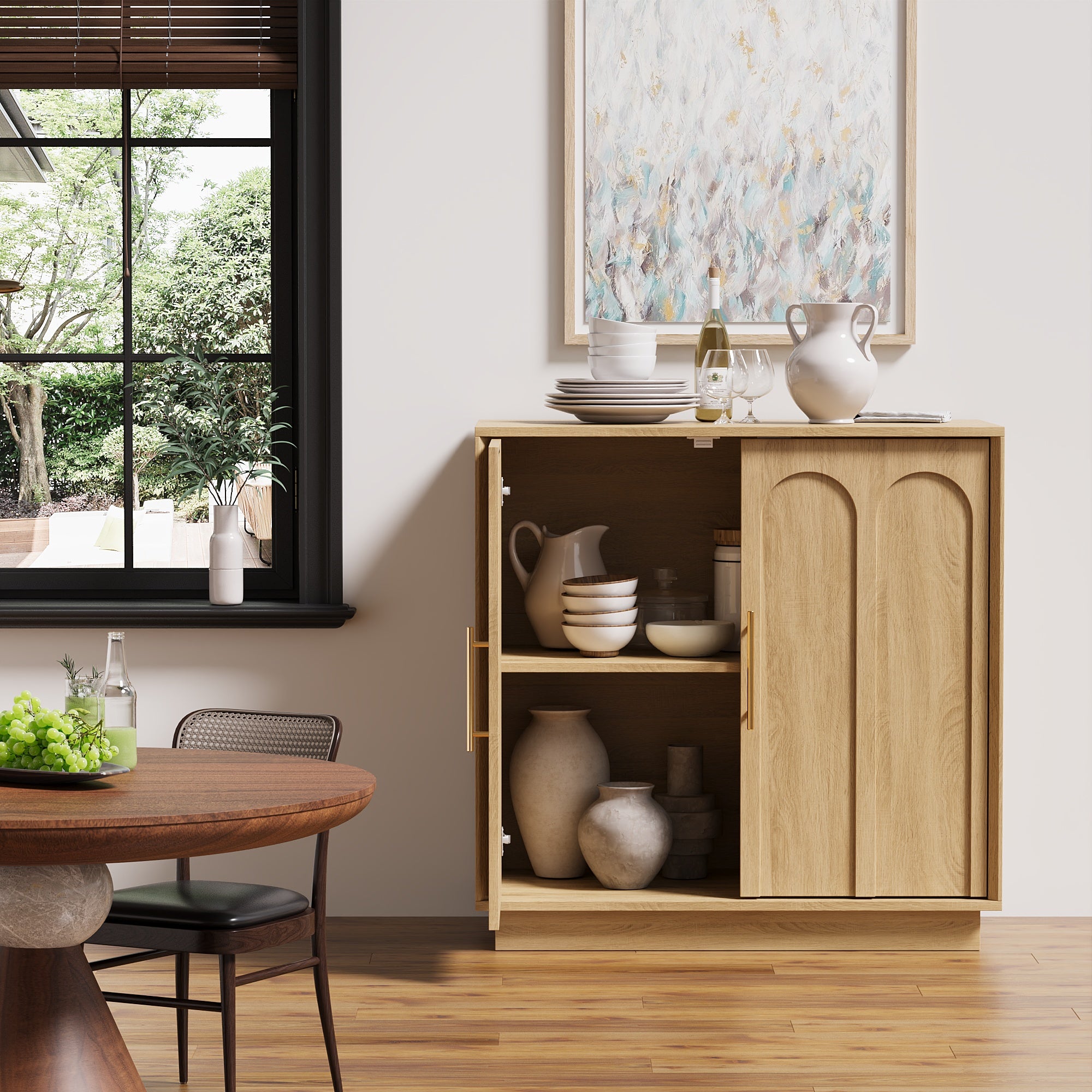 Modern Oak Sideboard Buffet Cabinet with Storage – 31.5 Accent Credenz - FORTUNETEC