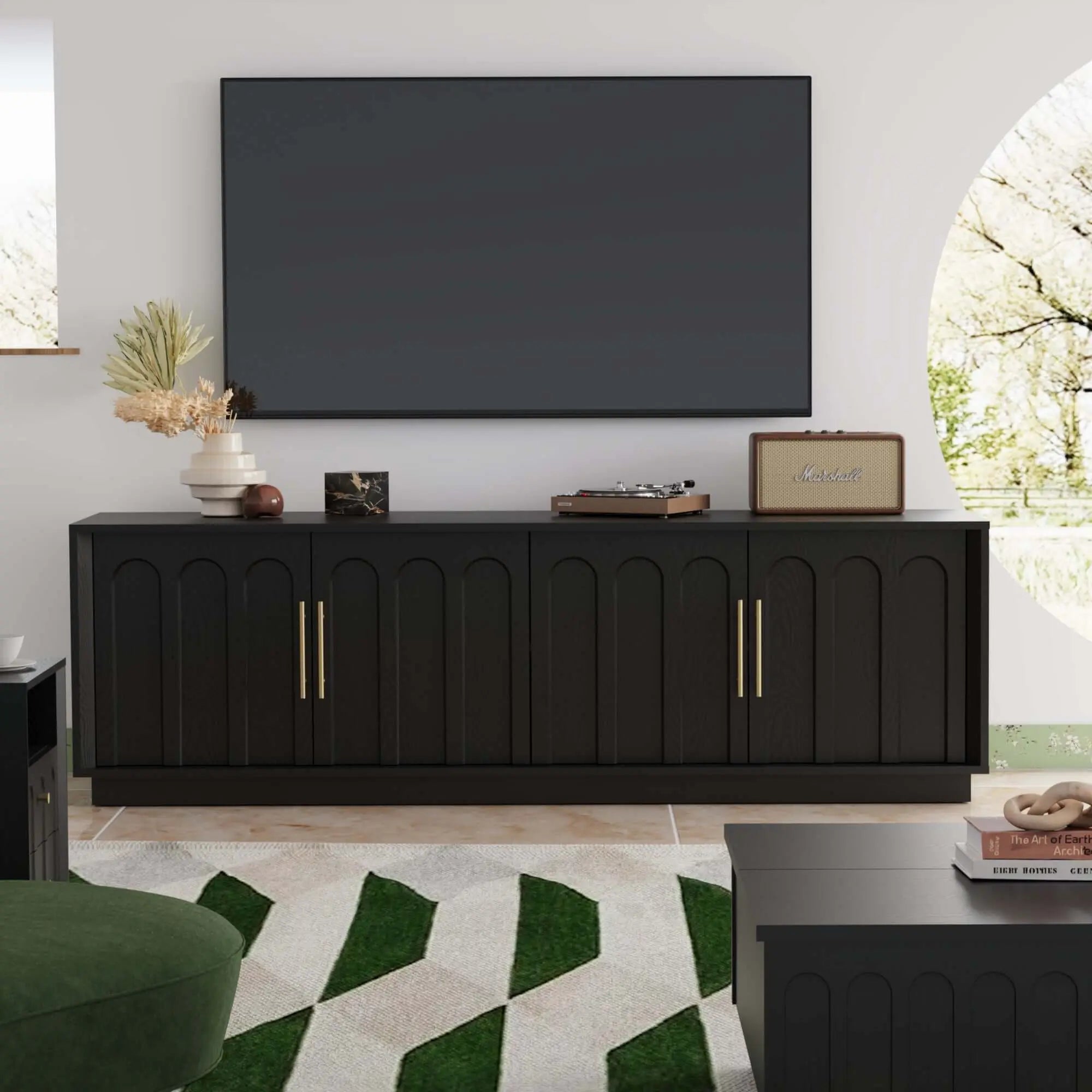 FORTUNETECBlack Wood Arched TV Stand, Mid - Century Modern Design