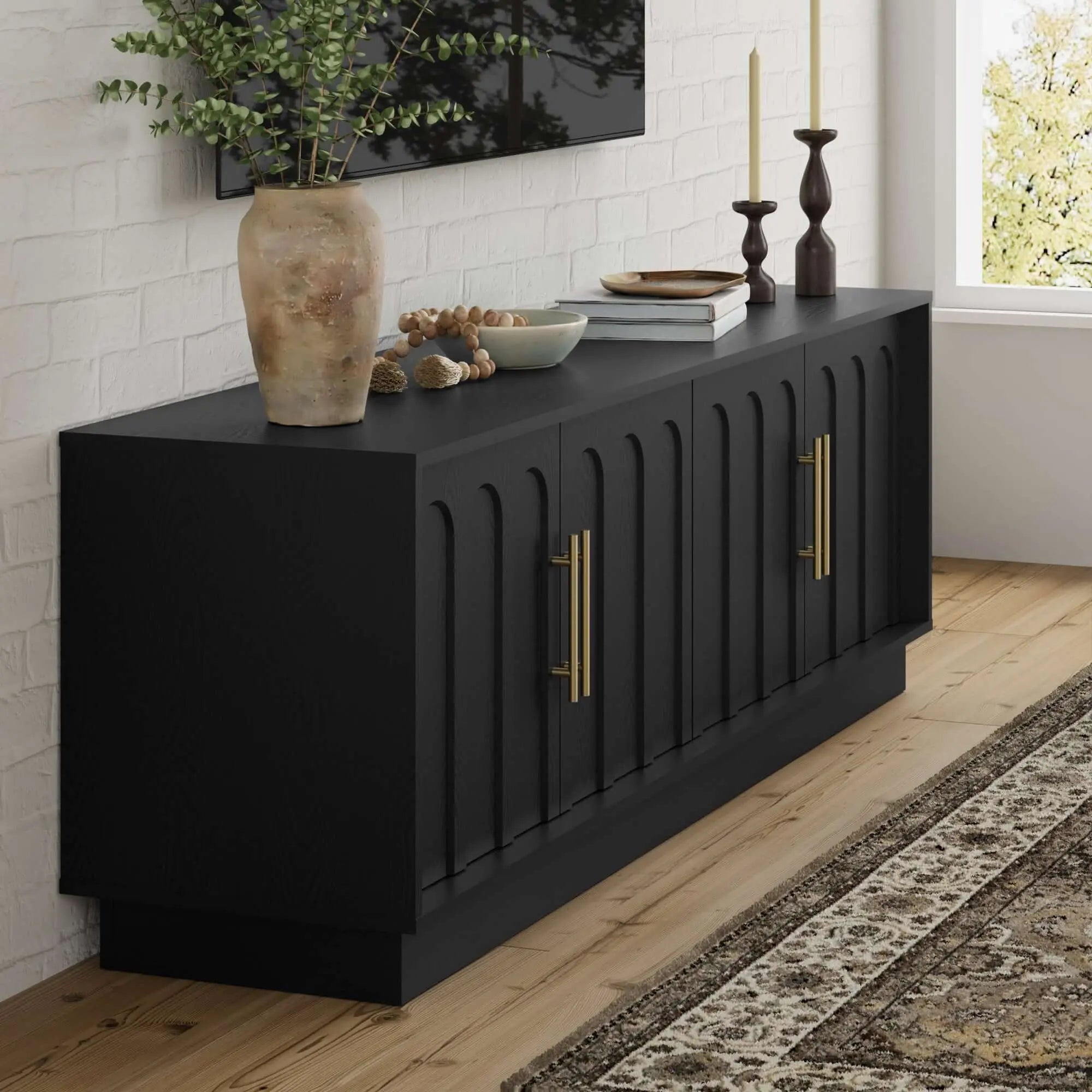 FORTUNETECBlack Wood Arched TV Stand, Mid - Century Modern Design