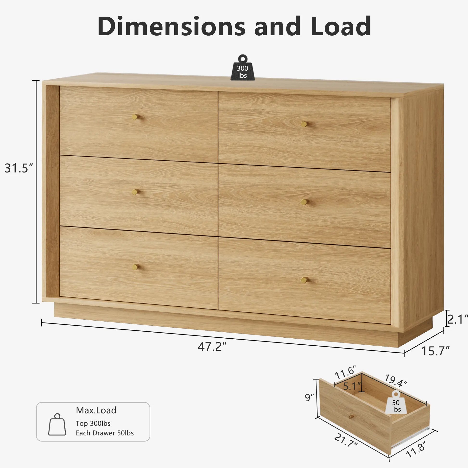 FORTUNETECFORTUNETEC Gloden Oak 6 - Drawer Dresser