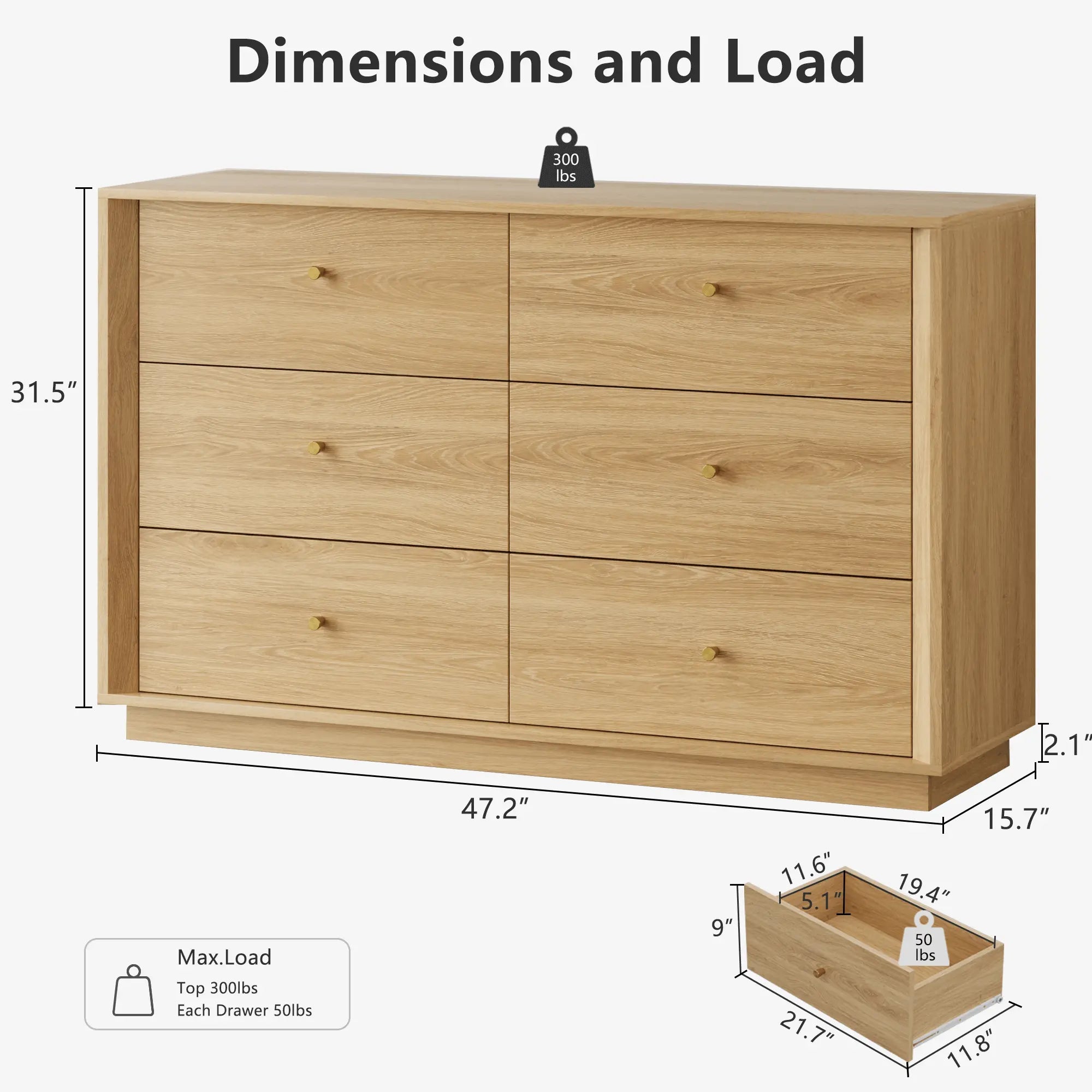 FORTUNETECFORTUNETEC Gloden Oak 6 - Drawer Dresser