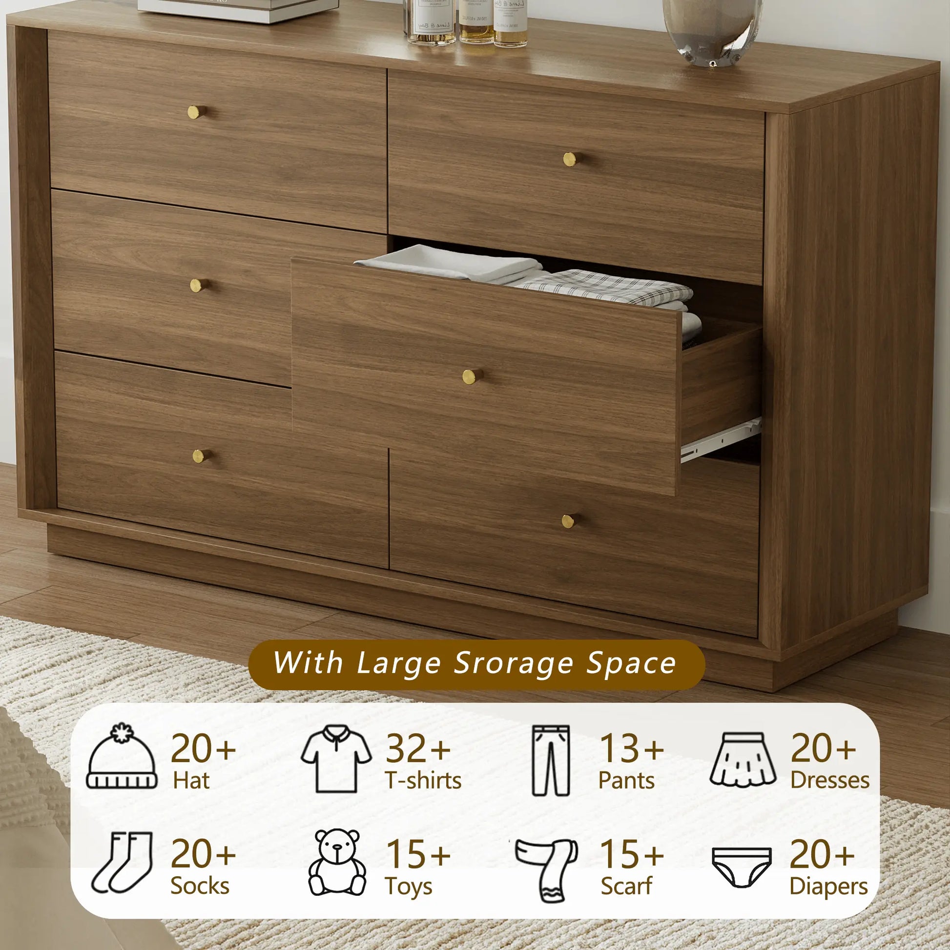 FORTUNETECFORTUNETEC Mid - Century Modern Walnut Wood 6 - Drawer Dresser