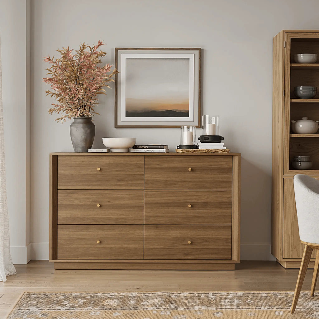 FORTUNETECFORTUNETEC Mid - Century Modern Walnut Wood 6 - Drawer Dresser