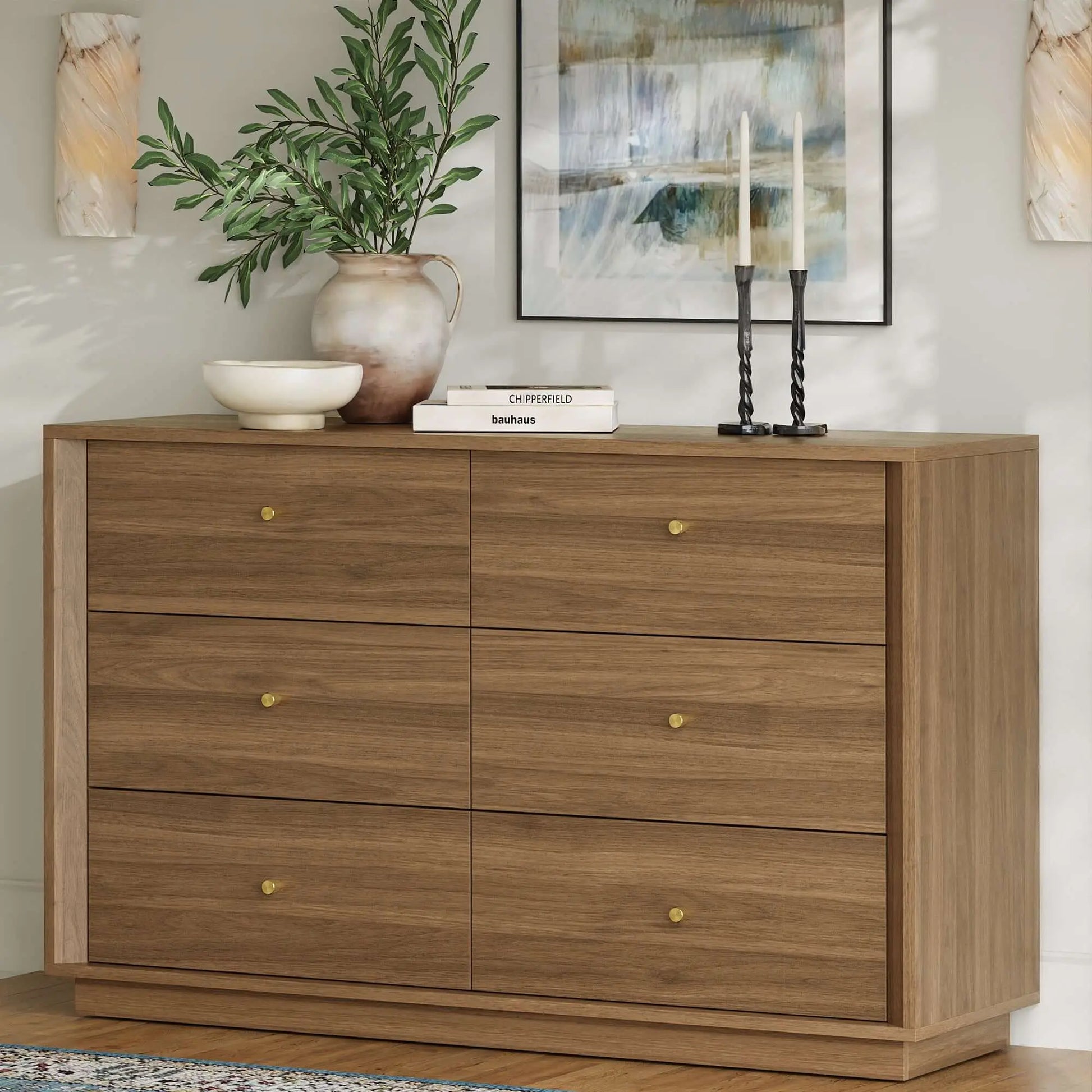 FORTUNETECFORTUNETEC Mid - Century Modern Walnut Wood 6 - Drawer Dresser