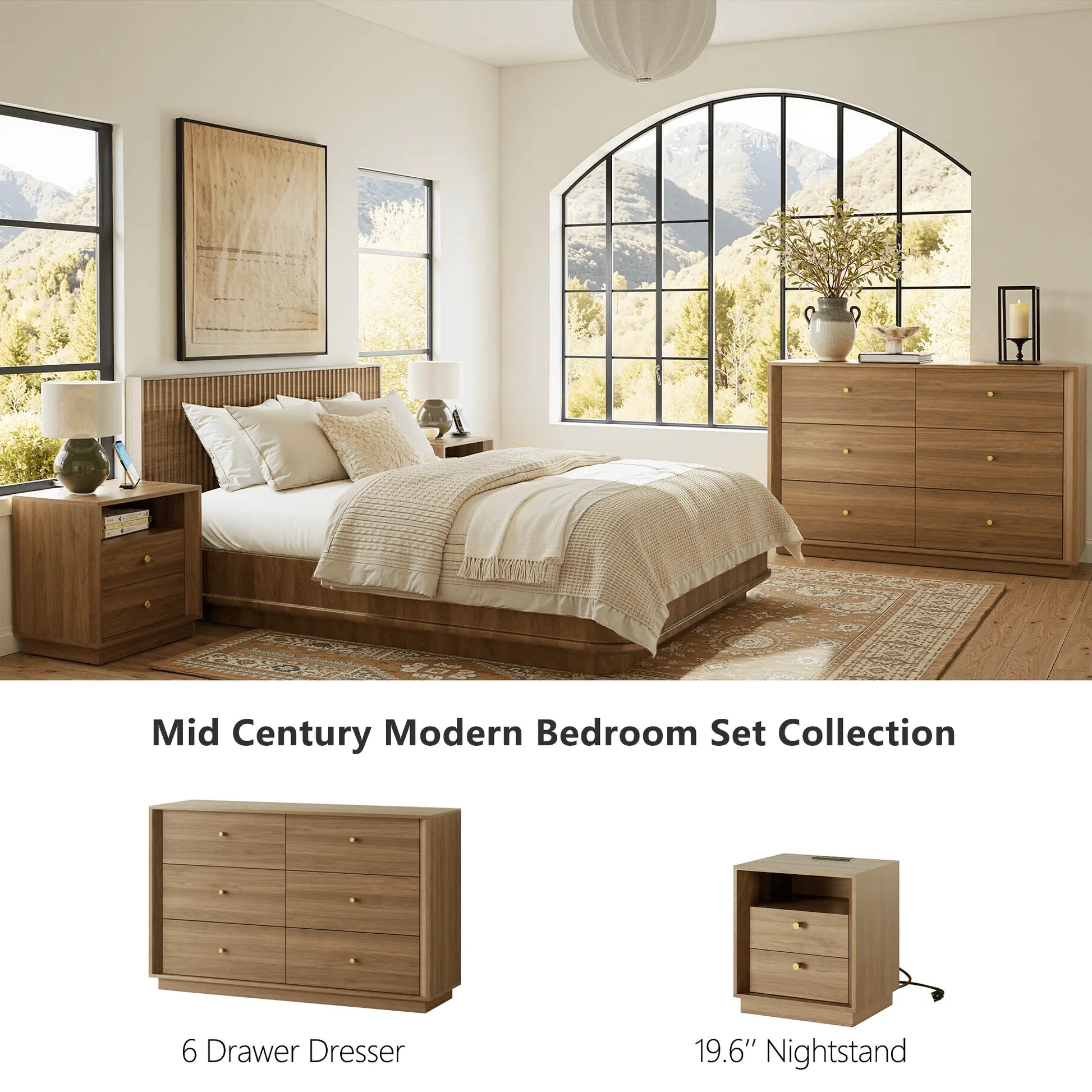 FORTUNETECFORTUNETEC Mid - Century Modern Walnut Wood 6 - Drawer Dresser