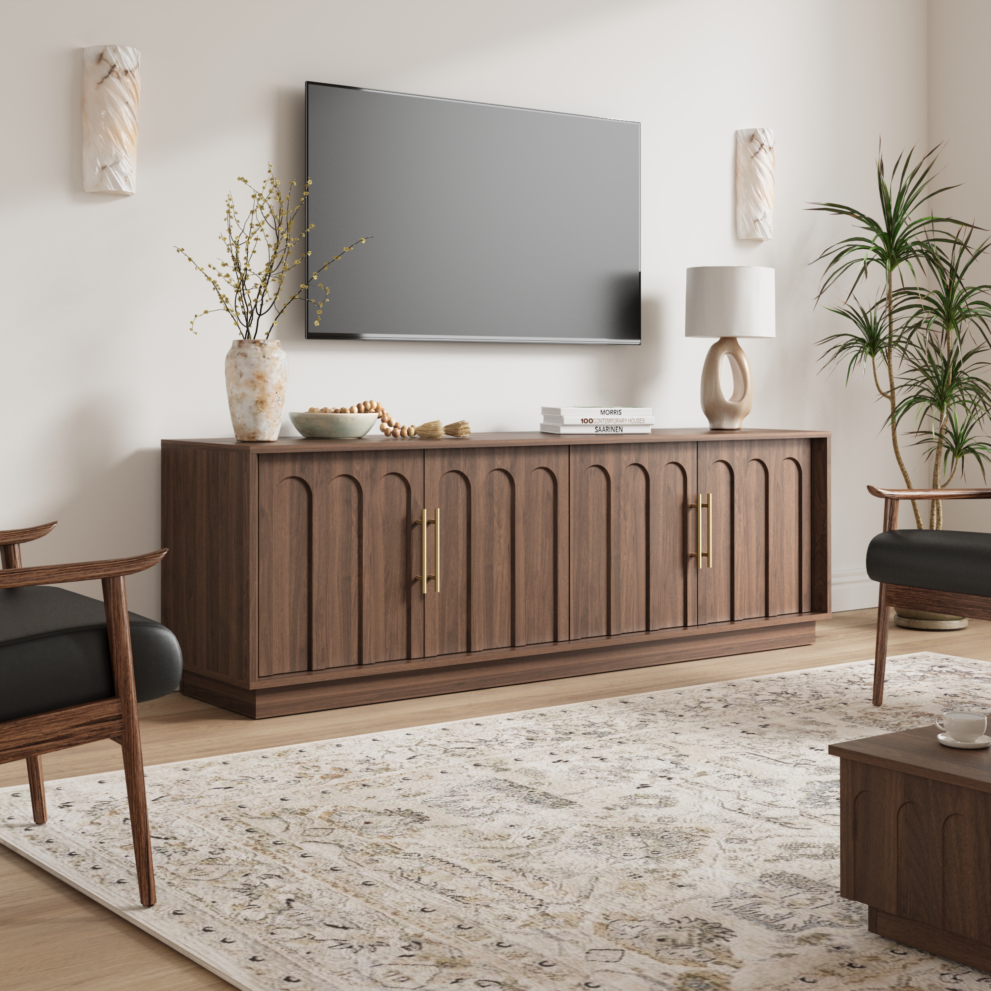 Walnut Arched TV Stand – Mid-Century Modern Style - FORTUNETEC