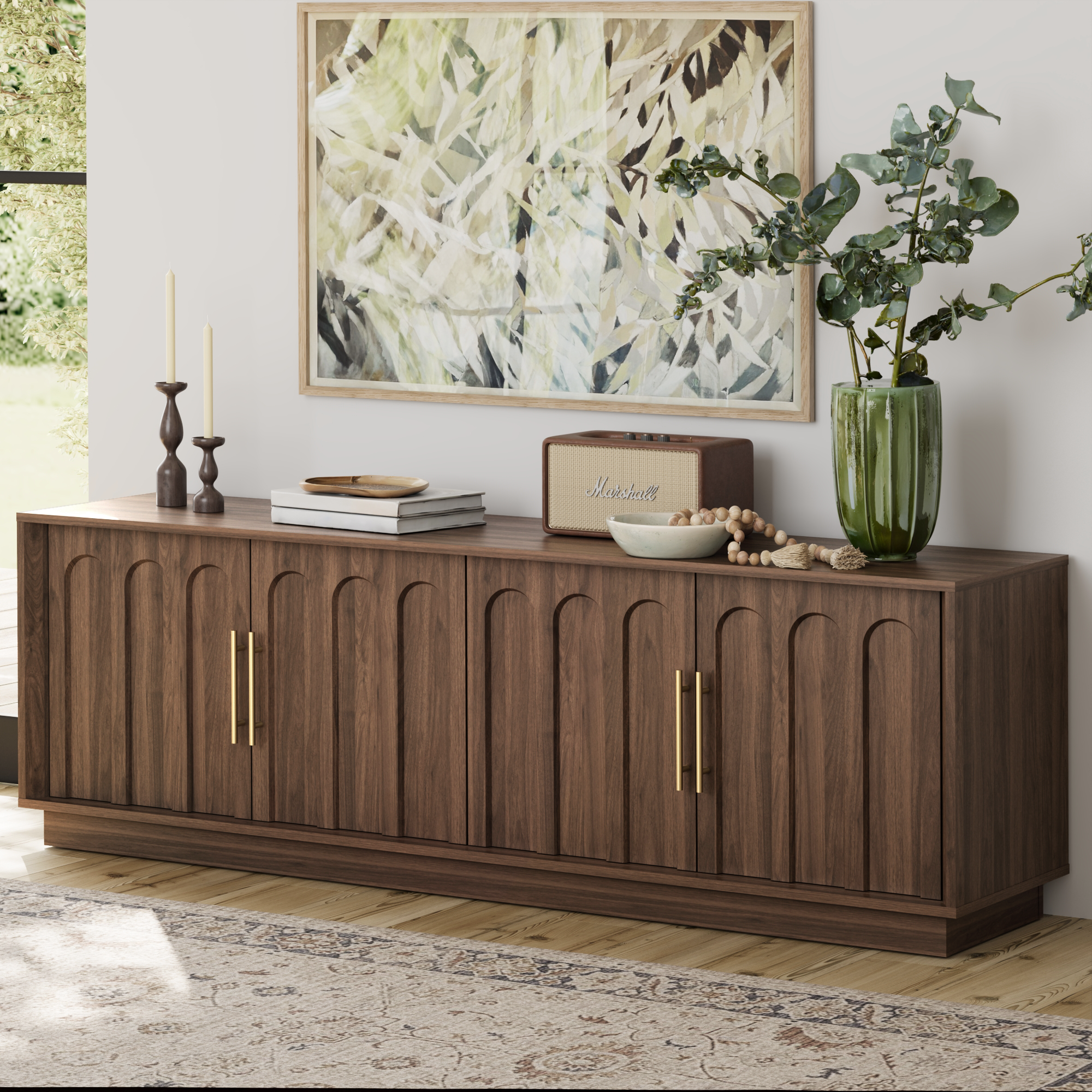 Walnut Arched TV Stand – Mid-Century Modern Style - FORTUNETEC