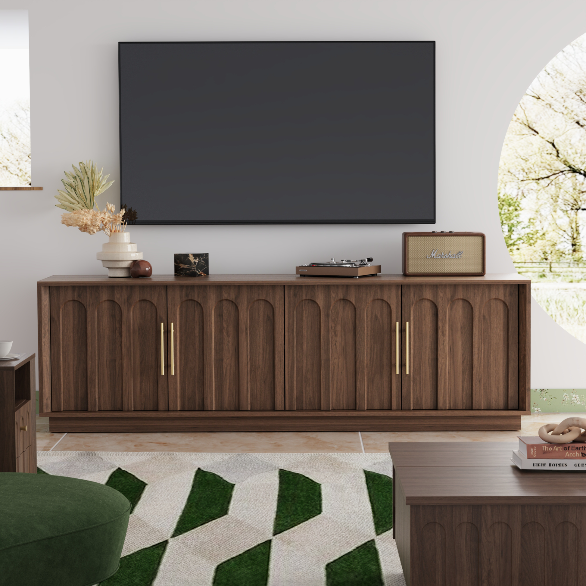 Walnut Arched TV Stand – Mid-Century Modern Style - FORTUNETEC