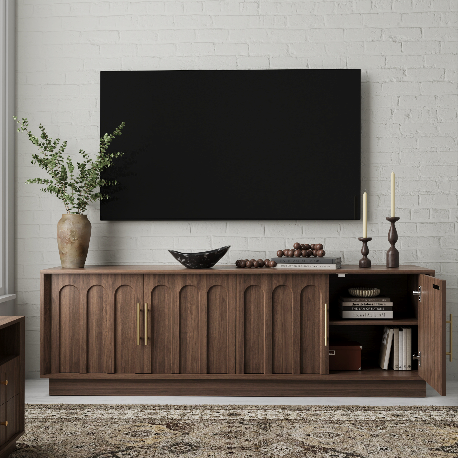 Walnut Arched TV Stand – Mid-Century Modern Style - FORTUNETEC