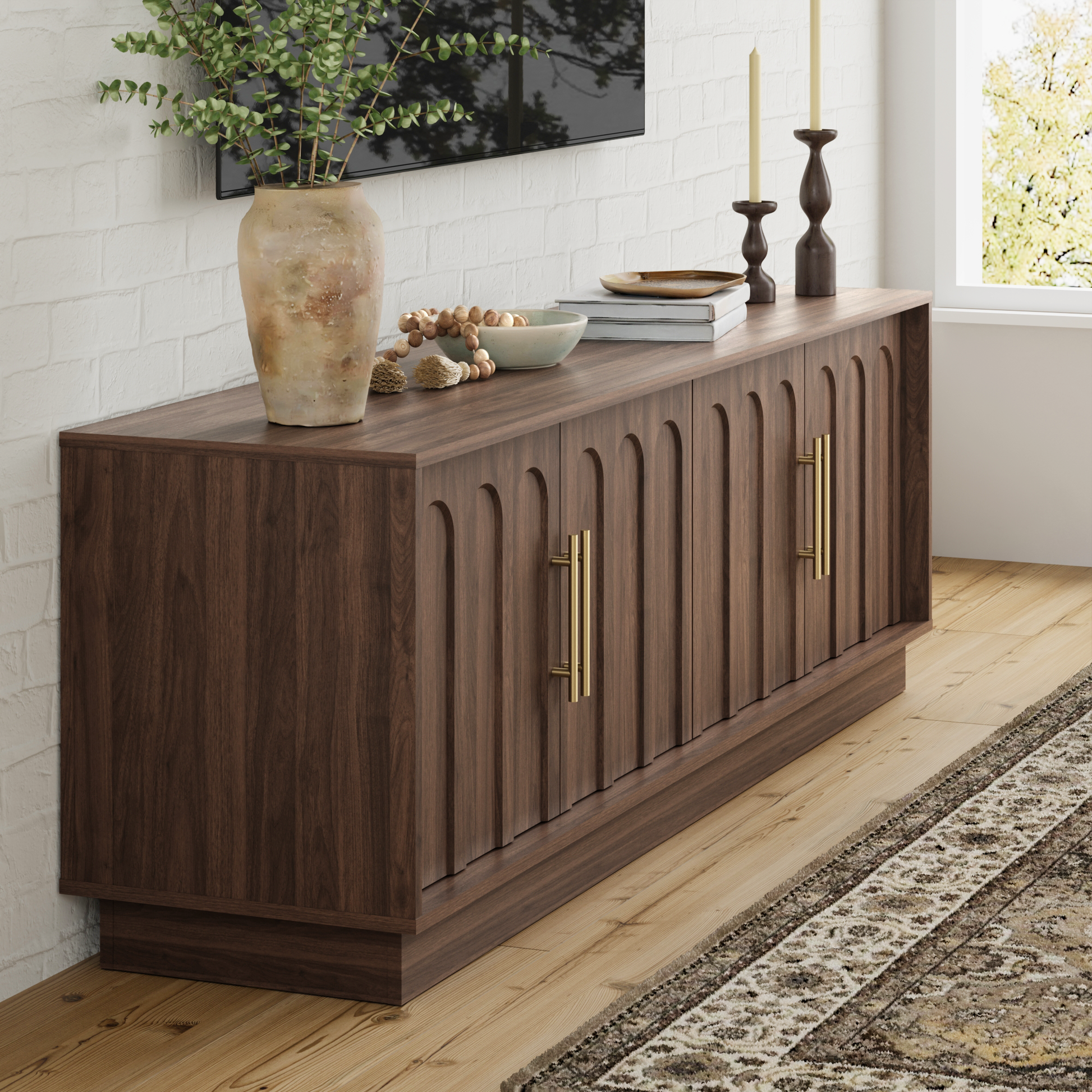 Walnut Arched TV Stand – Mid-Century Modern Style - FORTUNETEC