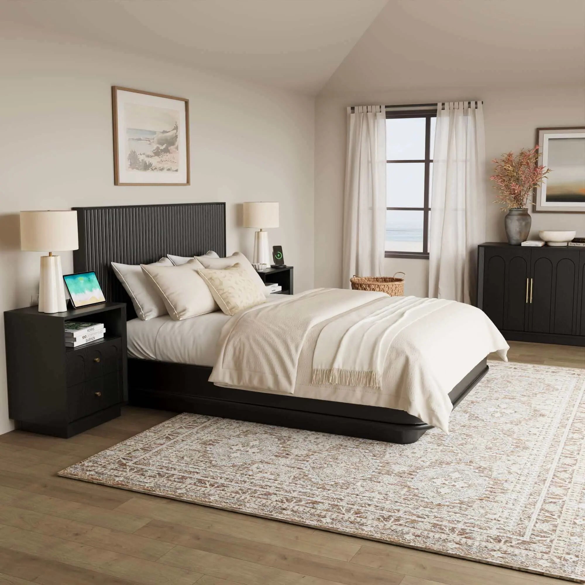 FORTUNETECMid - Century Black Wood Arch Nightstand with Drawers | Fortunetec