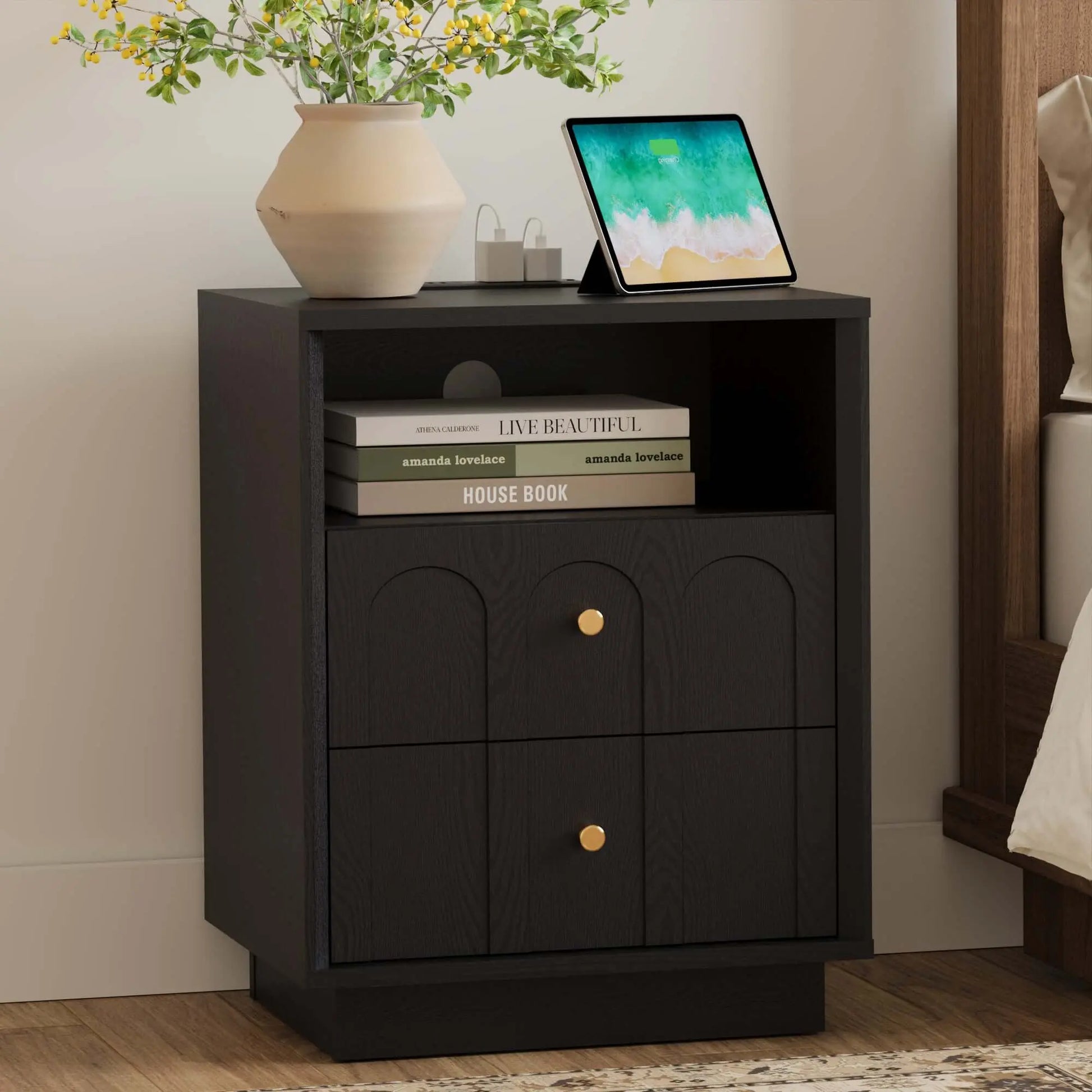 FORTUNETECMid - Century Black Wood Arch Nightstand with Drawers | Fortunetec