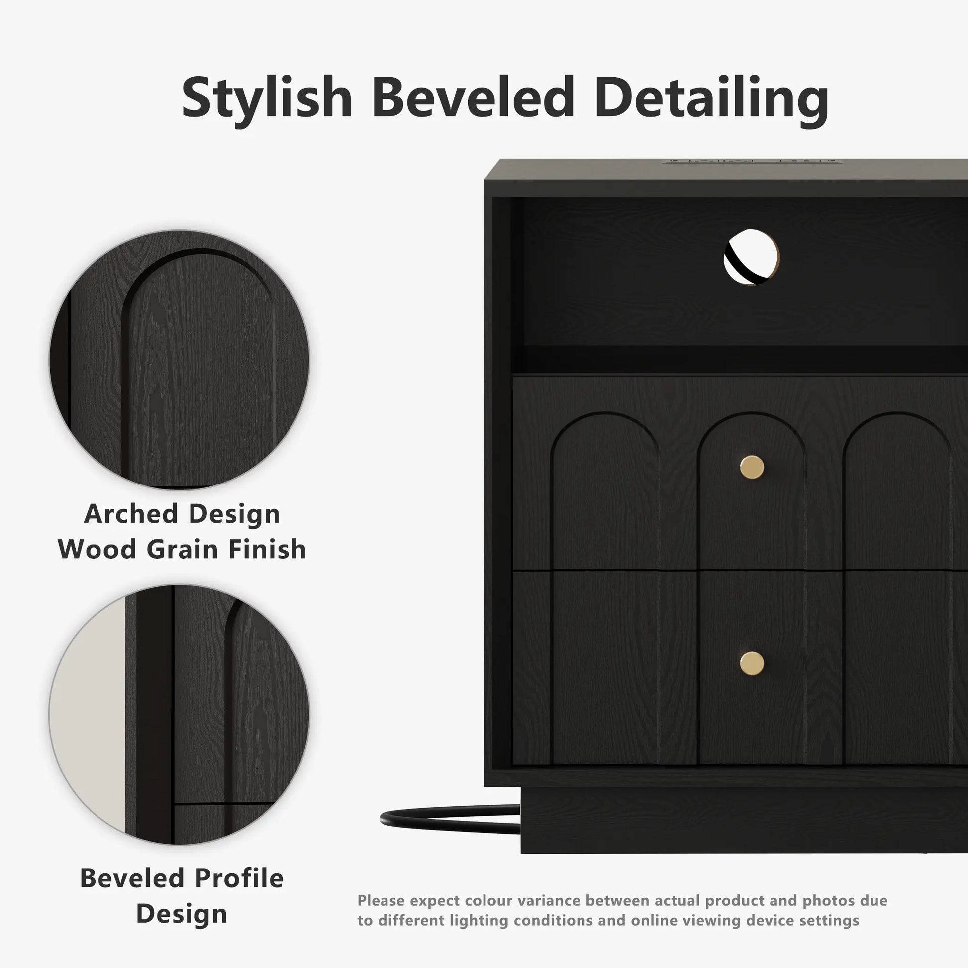 FORTUNETECMid - Century Black Wood Arch Nightstand with Drawers | Fortunetec