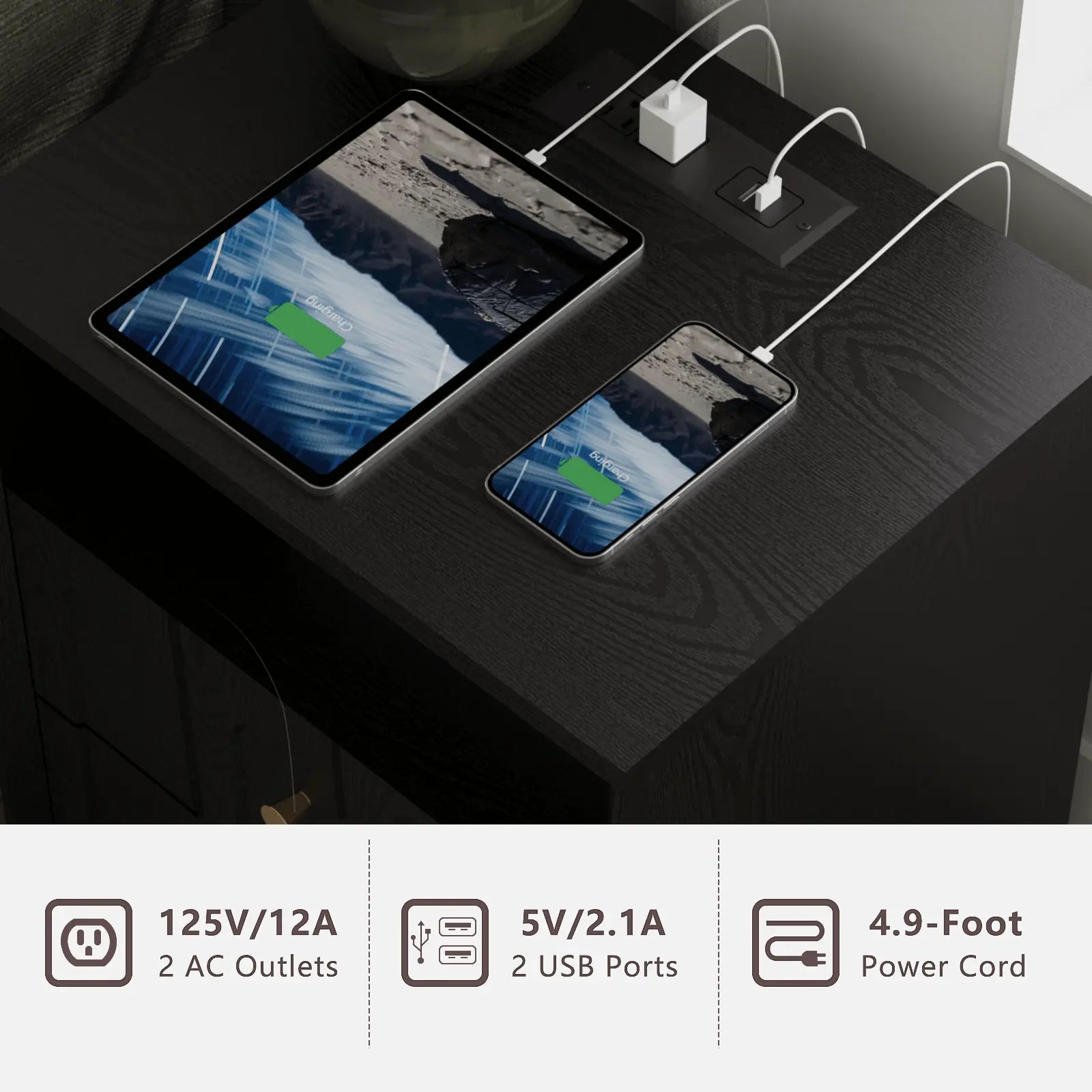 FORTUNETECMid - Century Black Wood Arch Nightstand with Drawers | Fortunetec