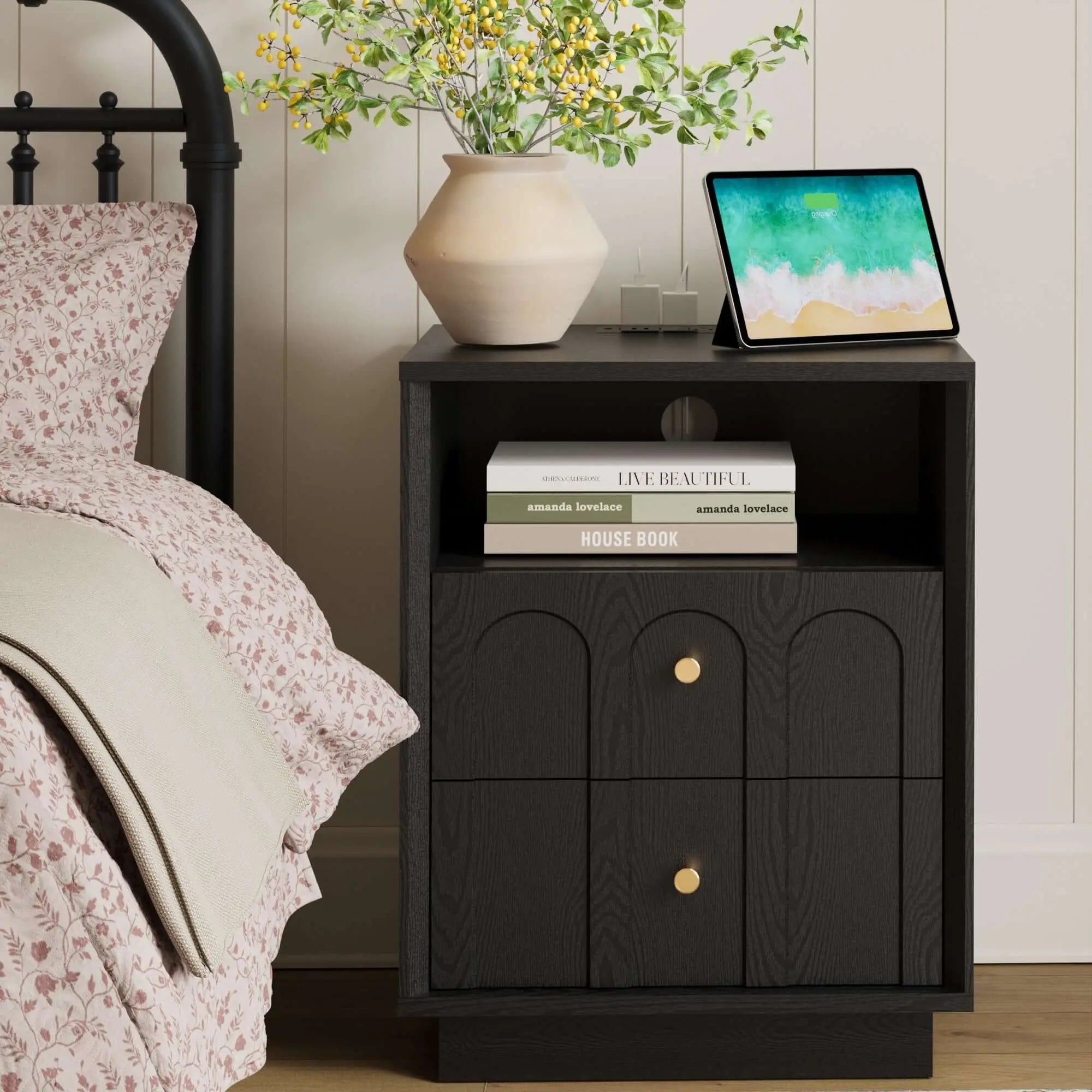 FORTUNETECMid - Century Black Wood Arch Nightstand with Drawers | Fortunetec