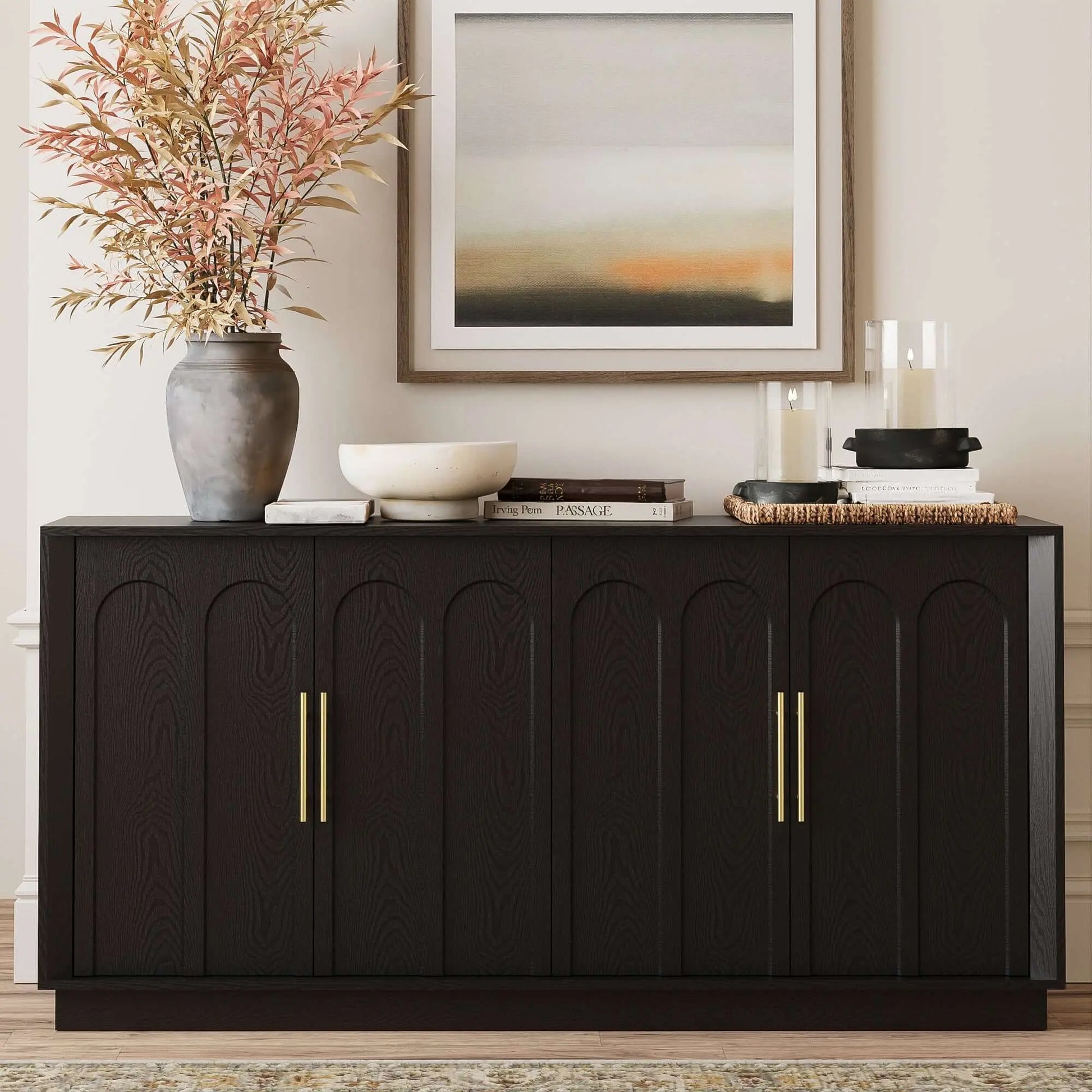 FORTUNETECMid - Century Modern 4 - Door Arched Sideboard in Black Wood