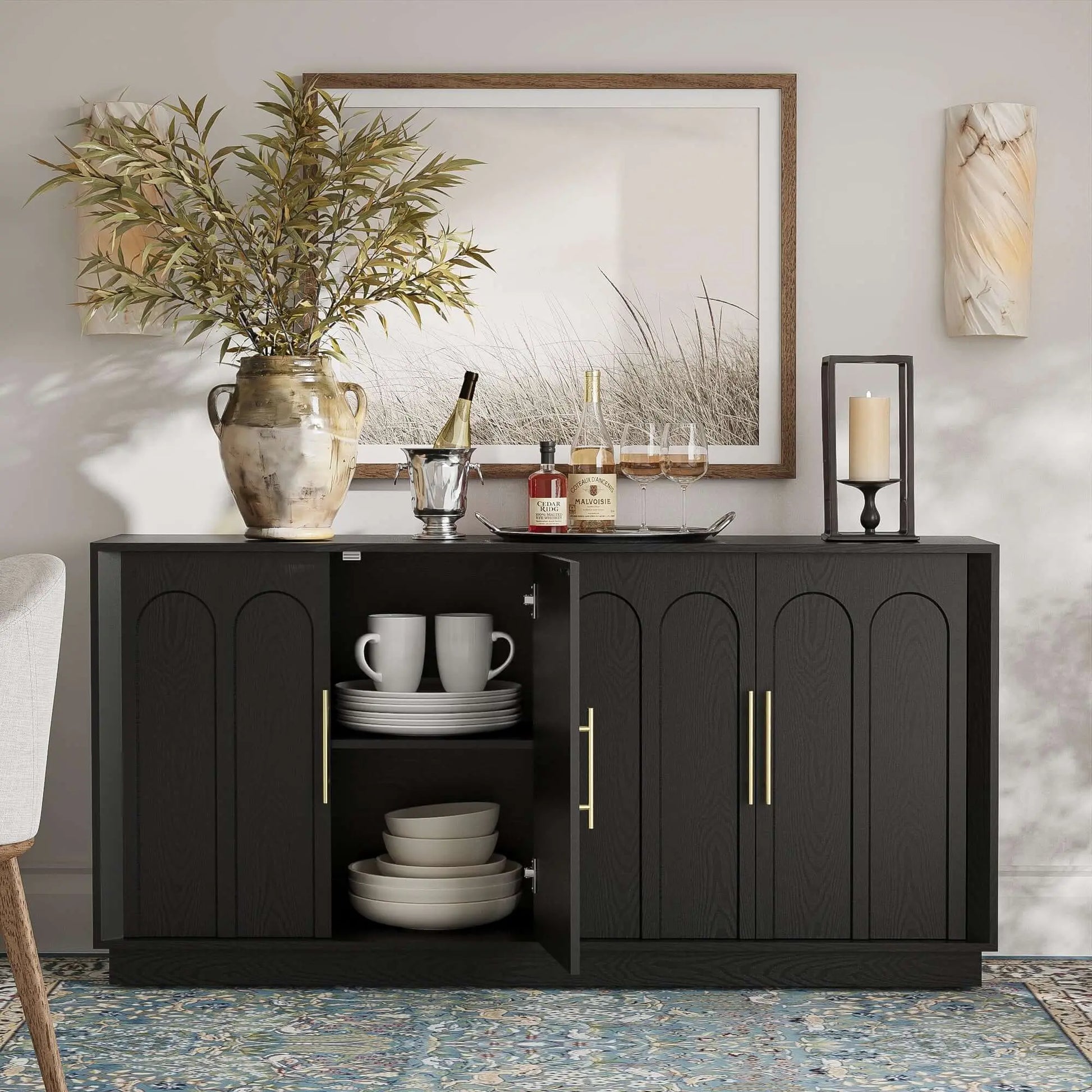 FORTUNETECMid - Century Modern 4 - Door Arched Sideboard in Black Wood