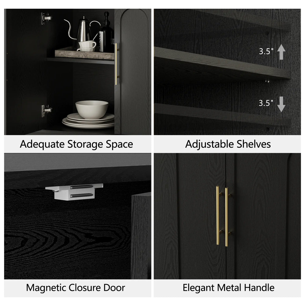 FORTUNETECMid - Century Modern 4 - Door Arched Sideboard in Black Wood