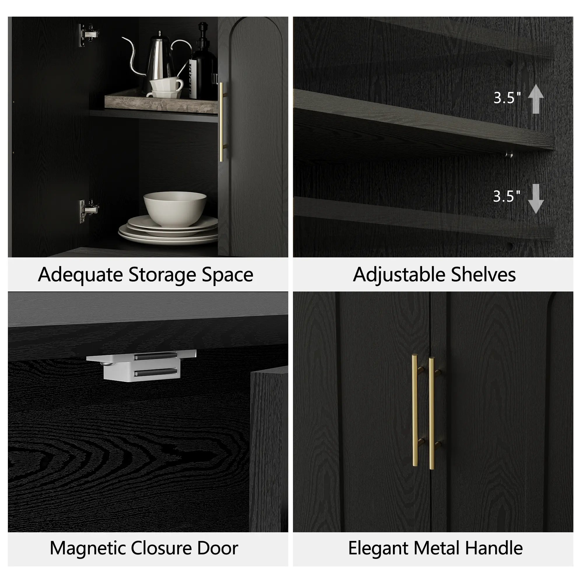 FORTUNETECMid - Century Modern 4 - Door Arched Sideboard in Black Wood