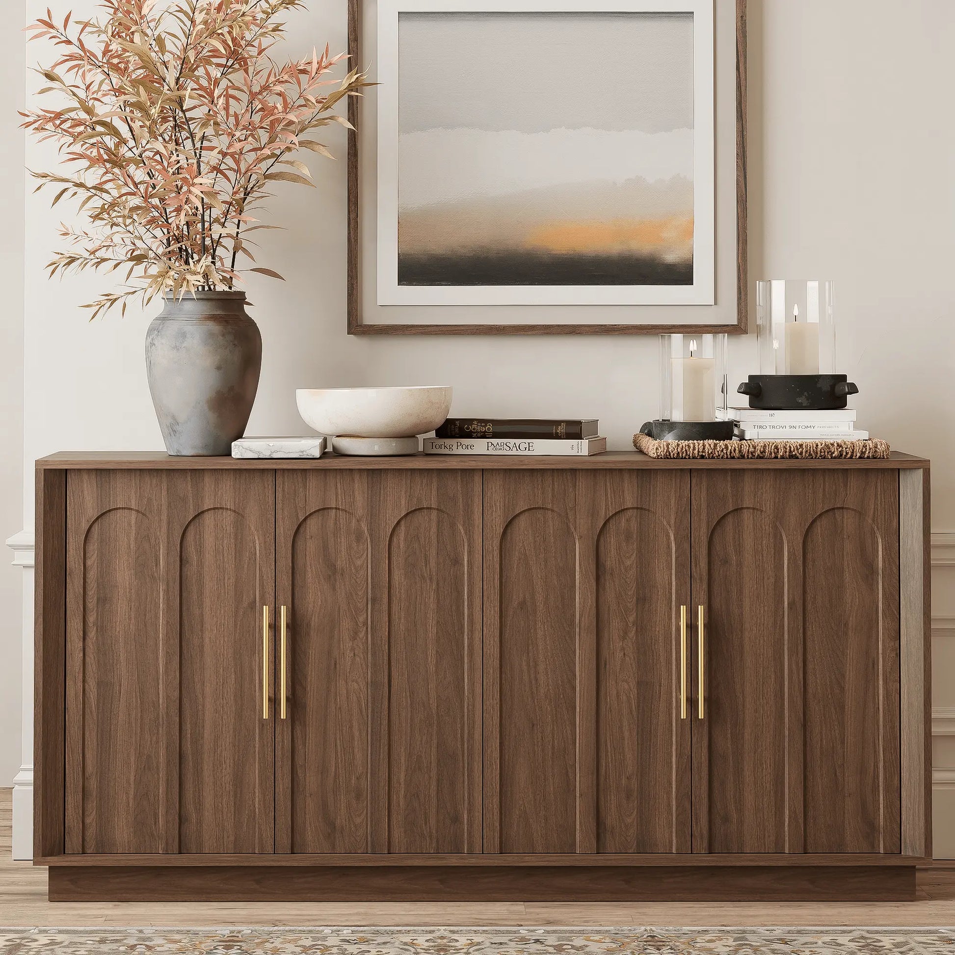 FORTUNETECMid - Century Modern 4 - Door Arched Sideboard in Walnut Wood