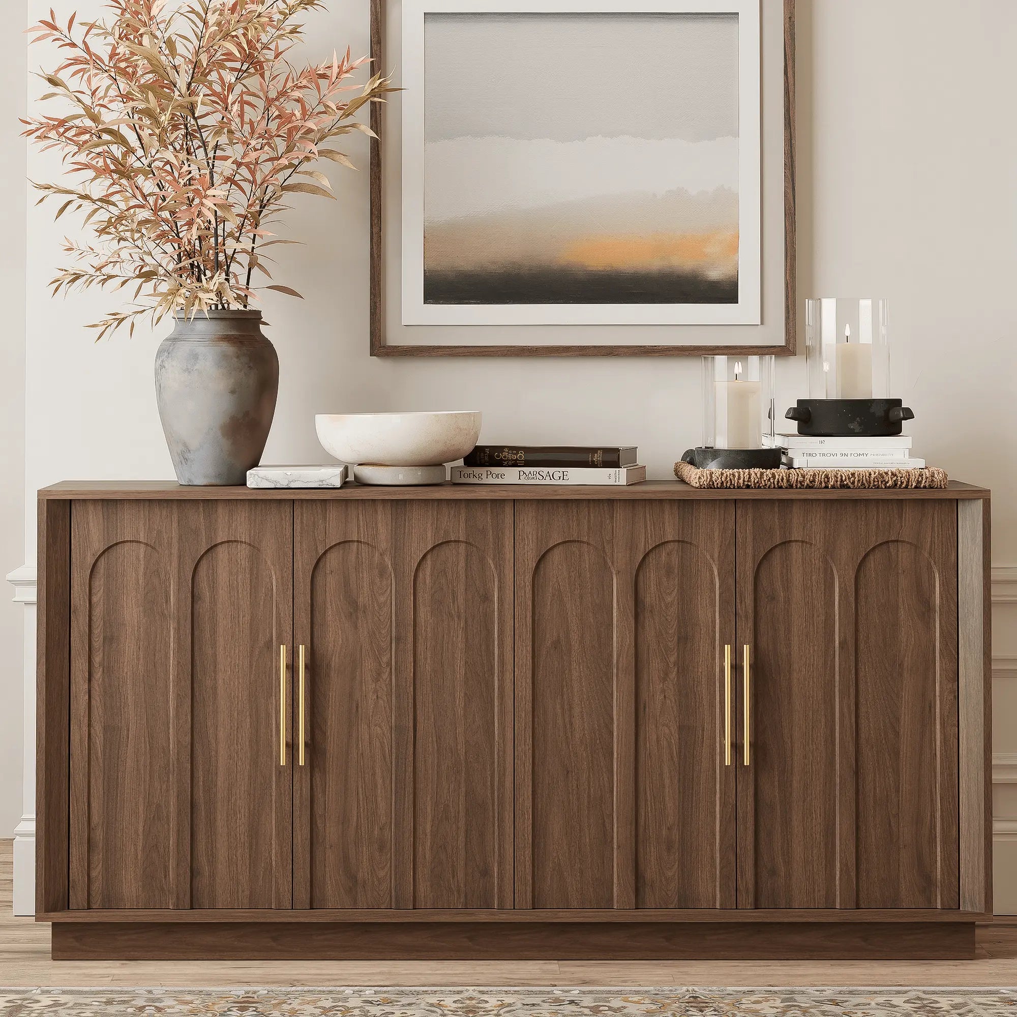 FORTUNETECMid - Century Modern 4 - Door Arched Sideboard in Walnut Wood