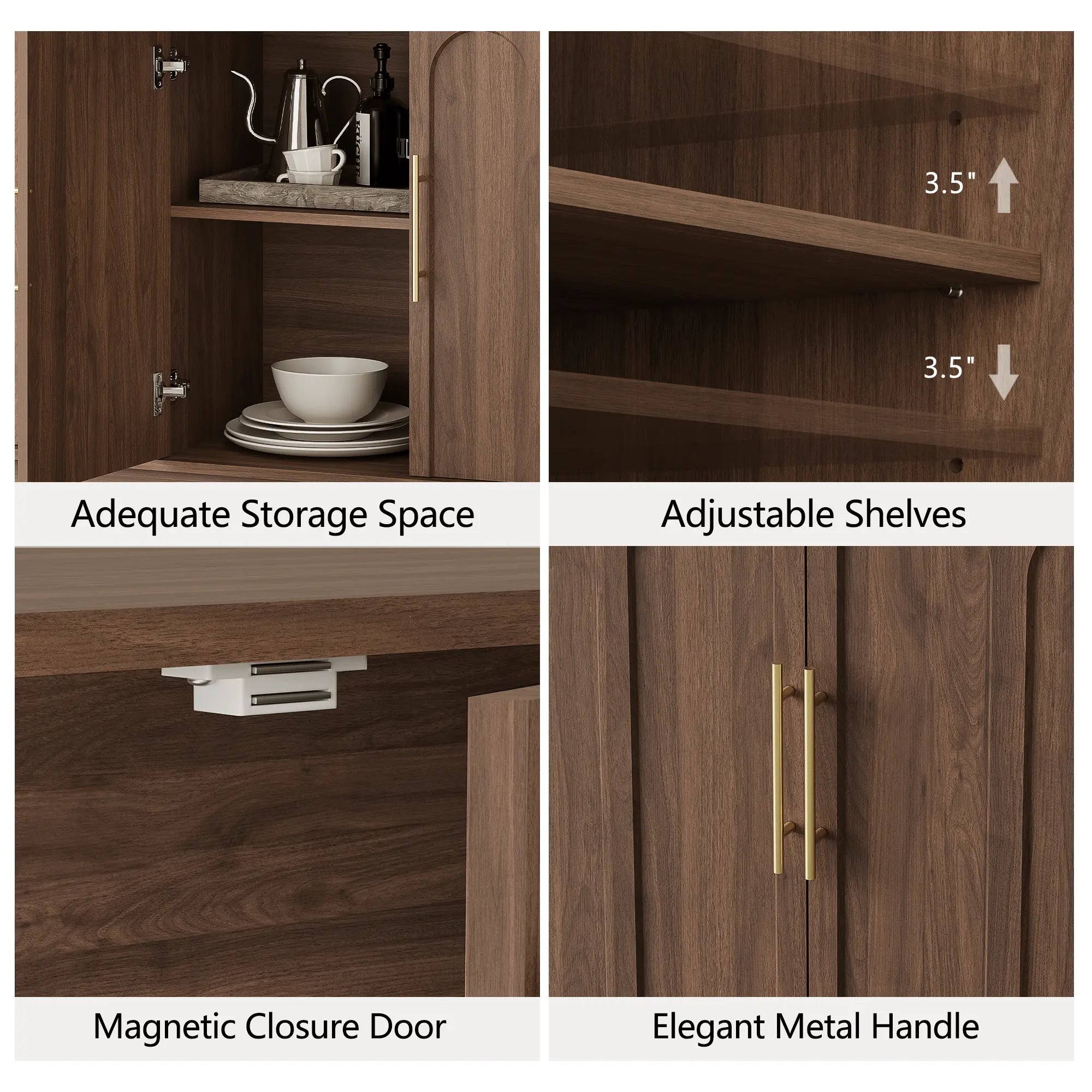 FORTUNETECMid - Century Modern 4 - Door Arched Sideboard in Walnut Wood