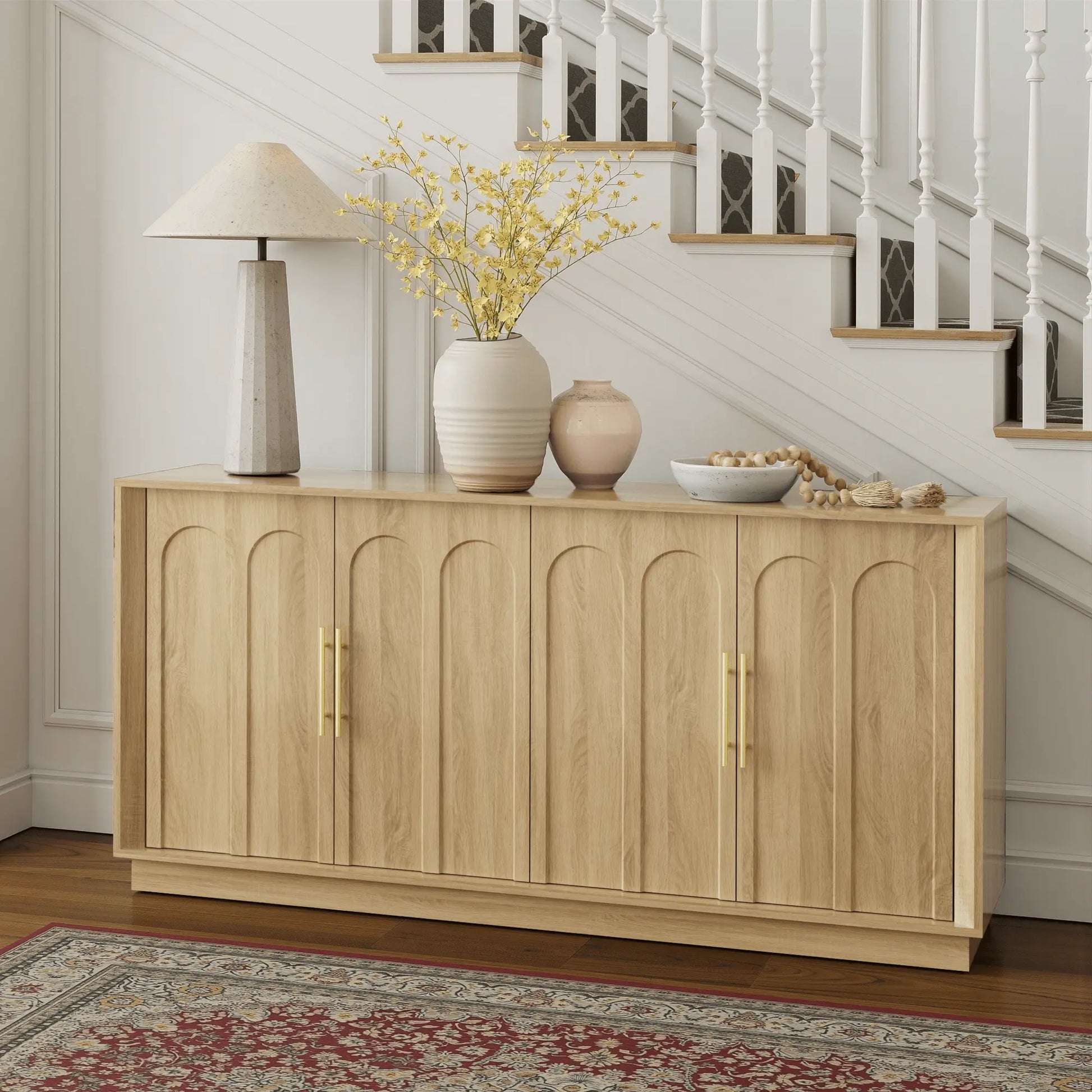 FORTUNETECMid - Century Modern 4 - Door Arched Sideboard in White Oak Wood