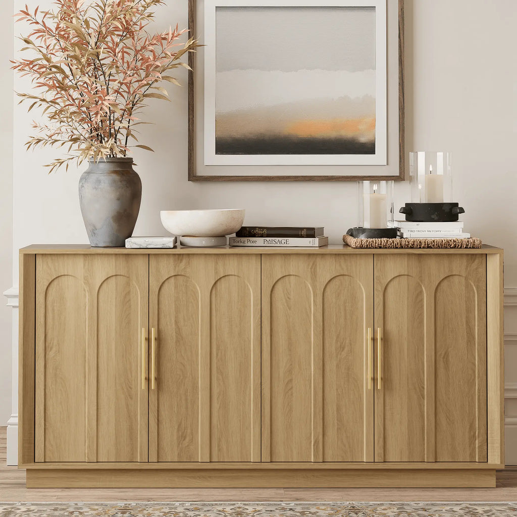 FORTUNETECMid - Century Modern 4 - Door Arched Sideboard in White Oak Wood
