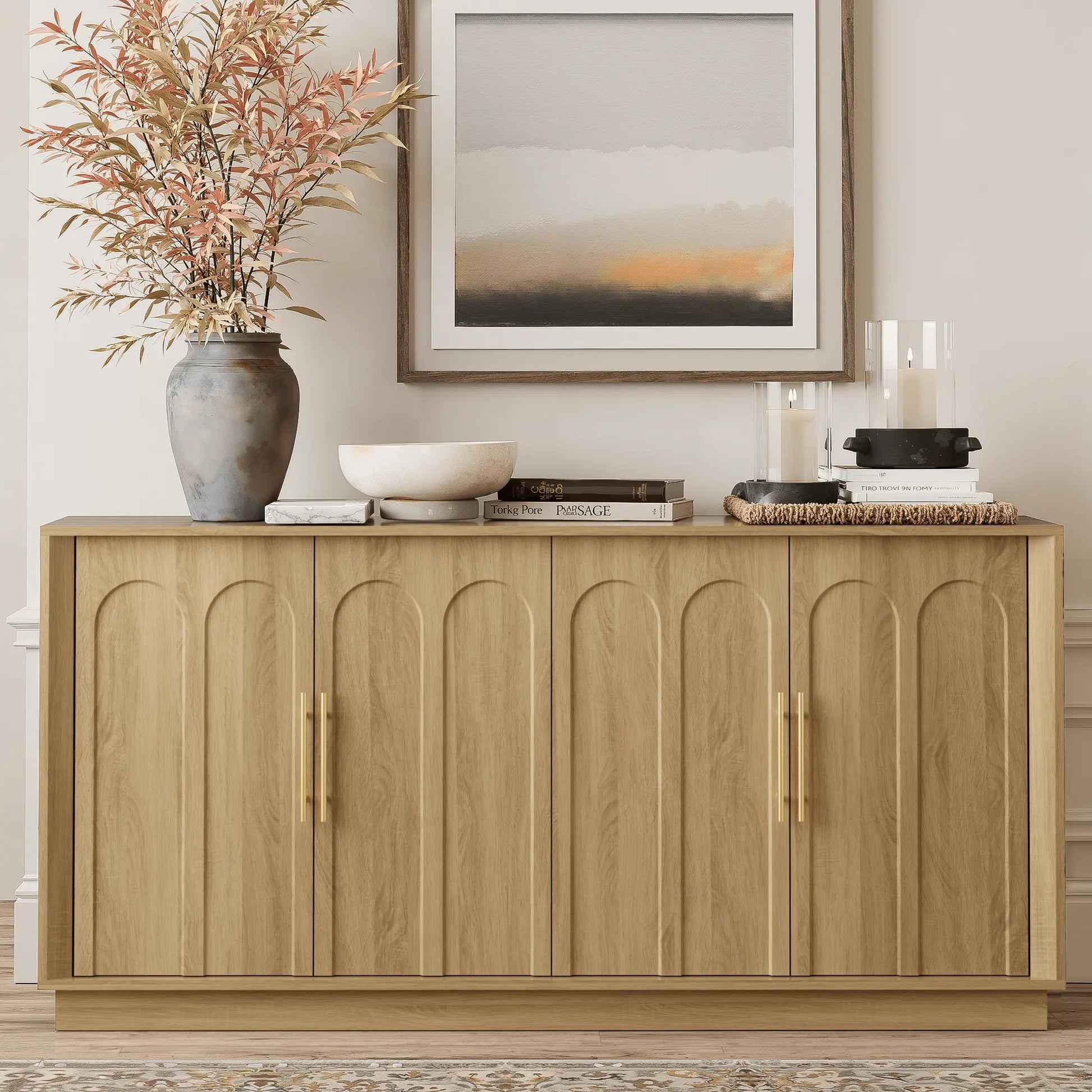 FORTUNETECMid - Century Modern 4 - Door Arched Sideboard in White Oak Wood