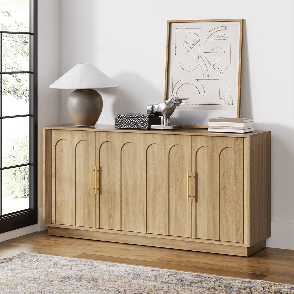 FORTUNETECMid - Century Modern 4 - Door Arched Sideboard in White Oak Wood