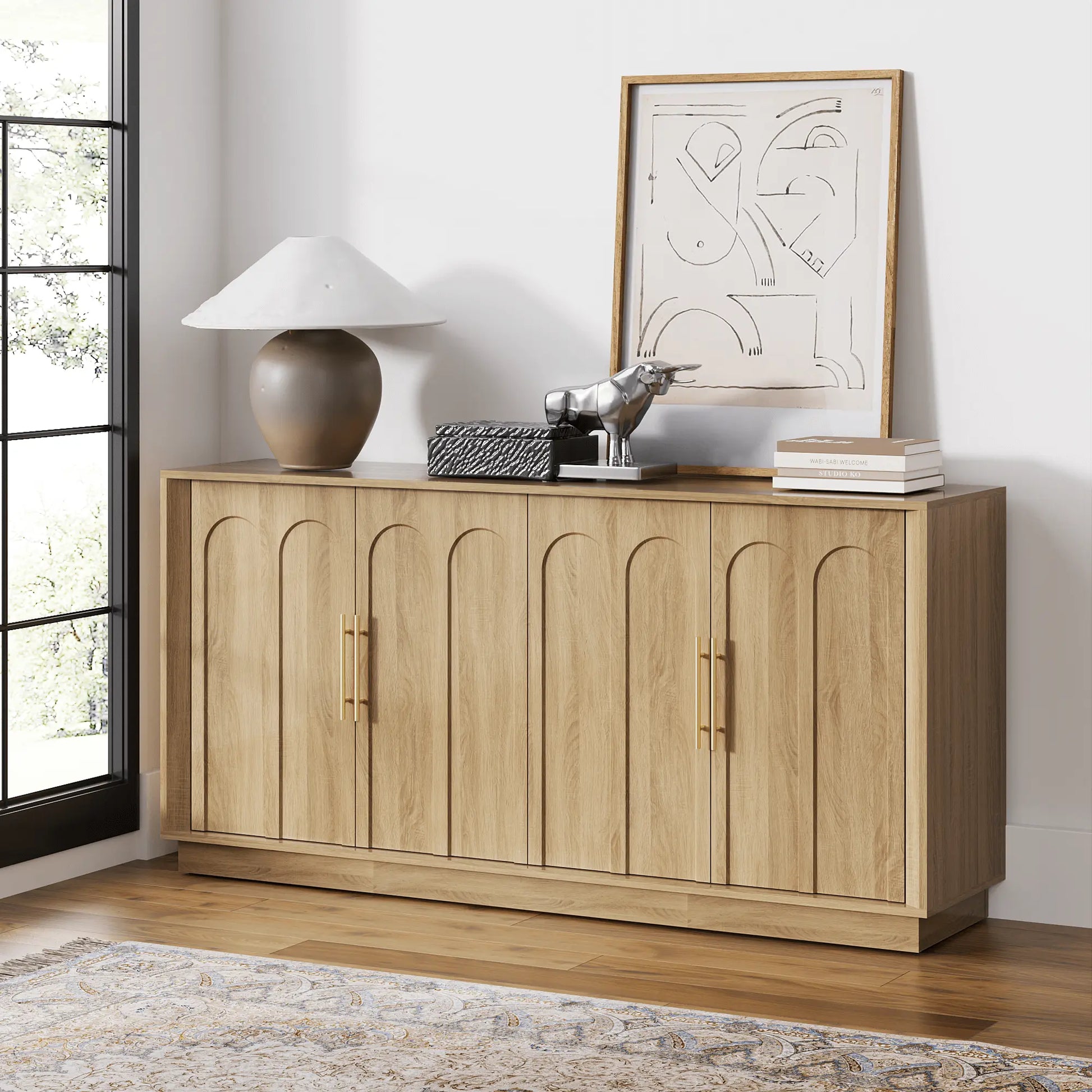 FORTUNETECMid - Century Modern 4 - Door Arched Sideboard in White Oak Wood