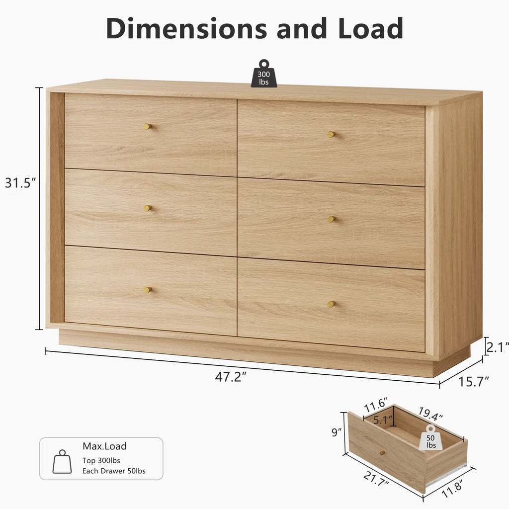 FORTUNETECMid - Century Modern 9 - Drawer Dresser in Oak – Wide Storage Chest for Bedroom & Living Room