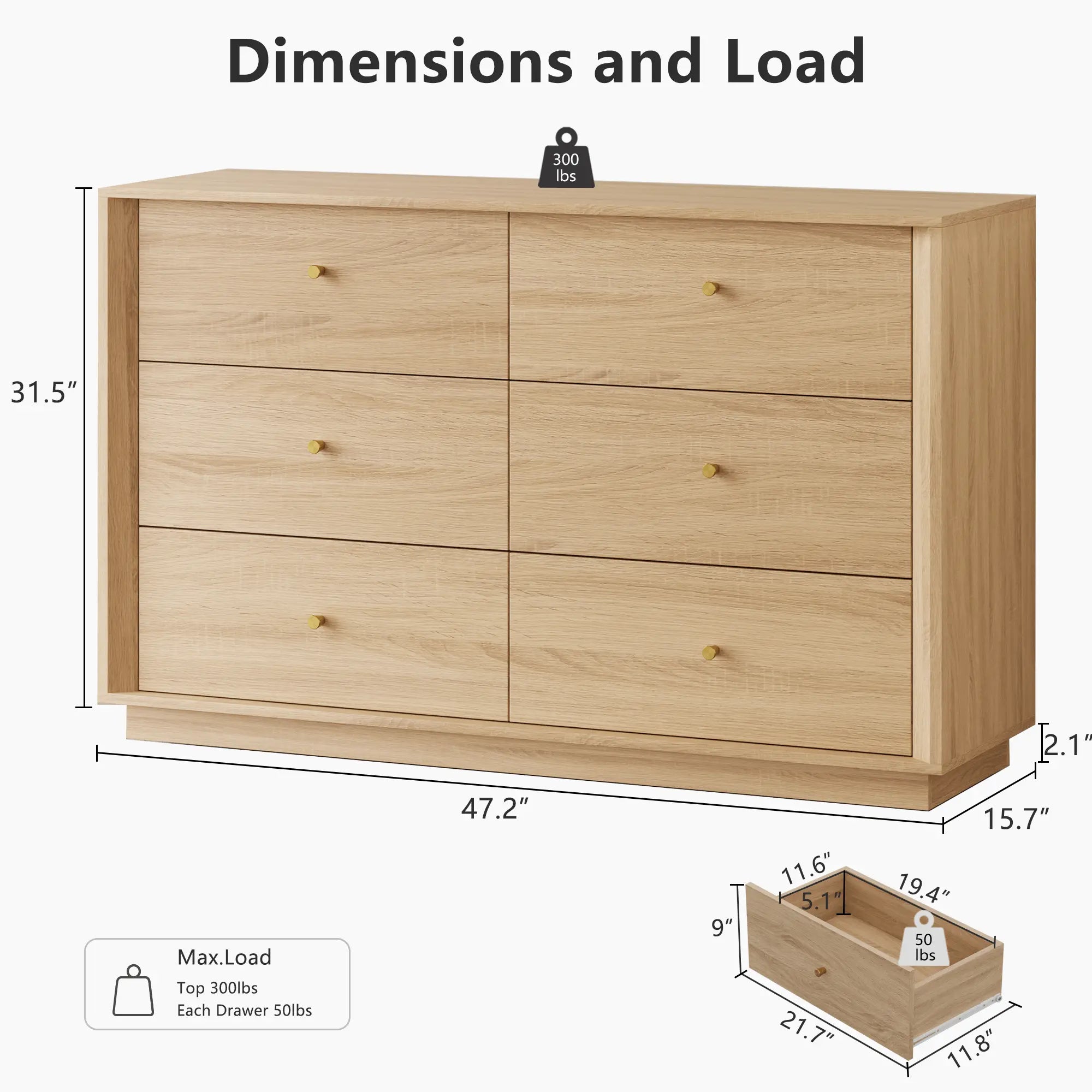 FORTUNETECMid - Century Modern 9 - Drawer Dresser in Oak – Wide Storage Chest for Bedroom & Living Room