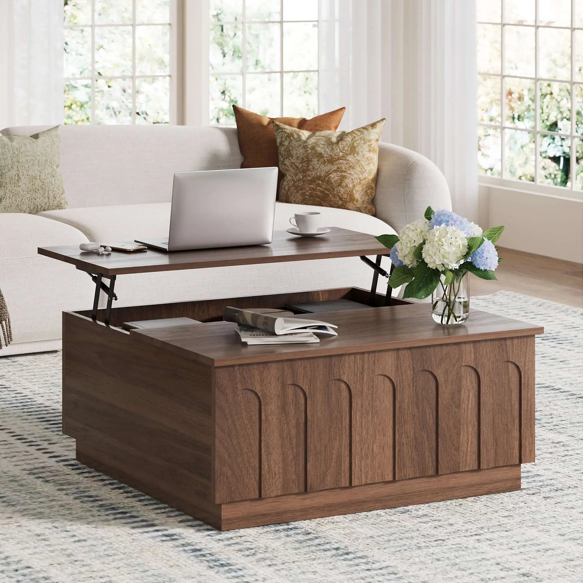FORTUNETECMid - Century Modern Arched Walnut Coffee Table for Living Room