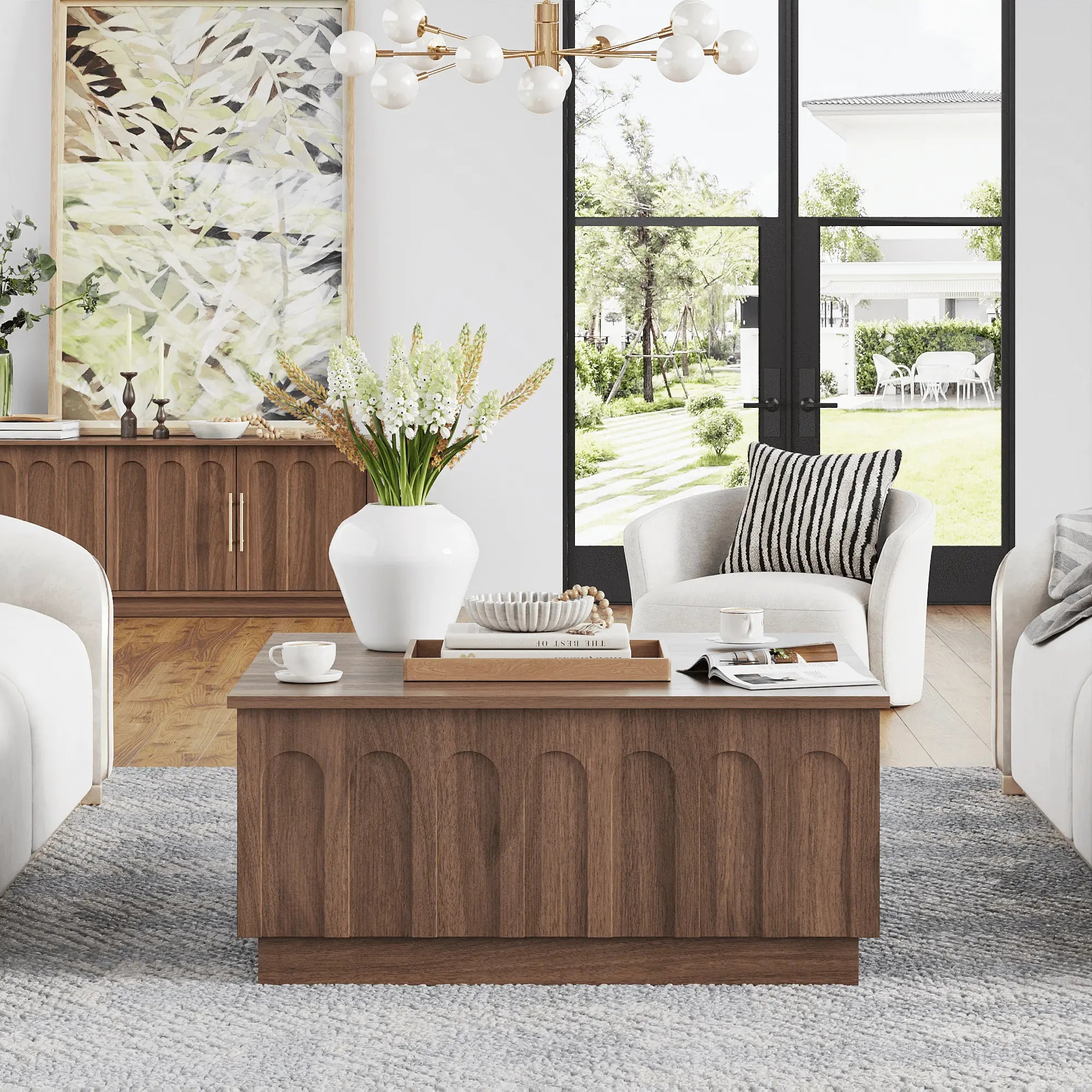 FORTUNETECMid - Century Modern Arched Walnut Coffee Table for Living Room