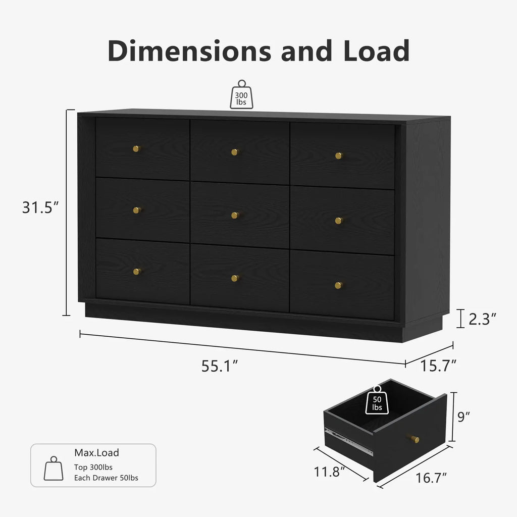 FORTUNETECMid - Century Modern Black 9 - Drawer Dresser
