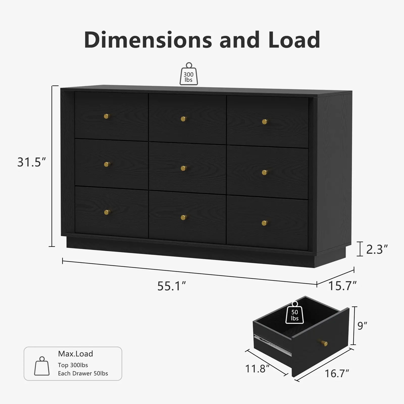 FORTUNETECMid - Century Modern Black 9 - Drawer Dresser