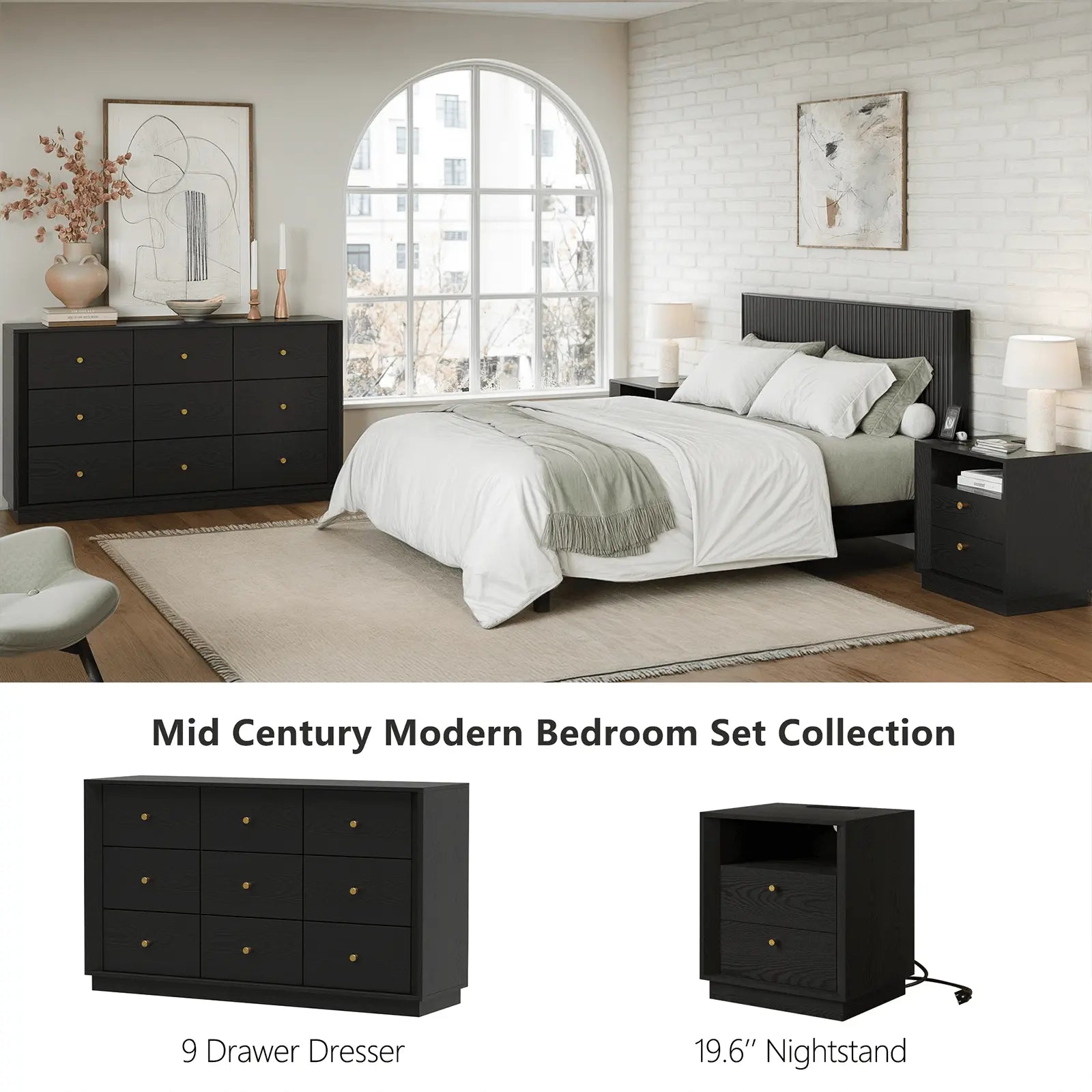 FORTUNETECMid - Century Modern Black 9 - Drawer Dresser